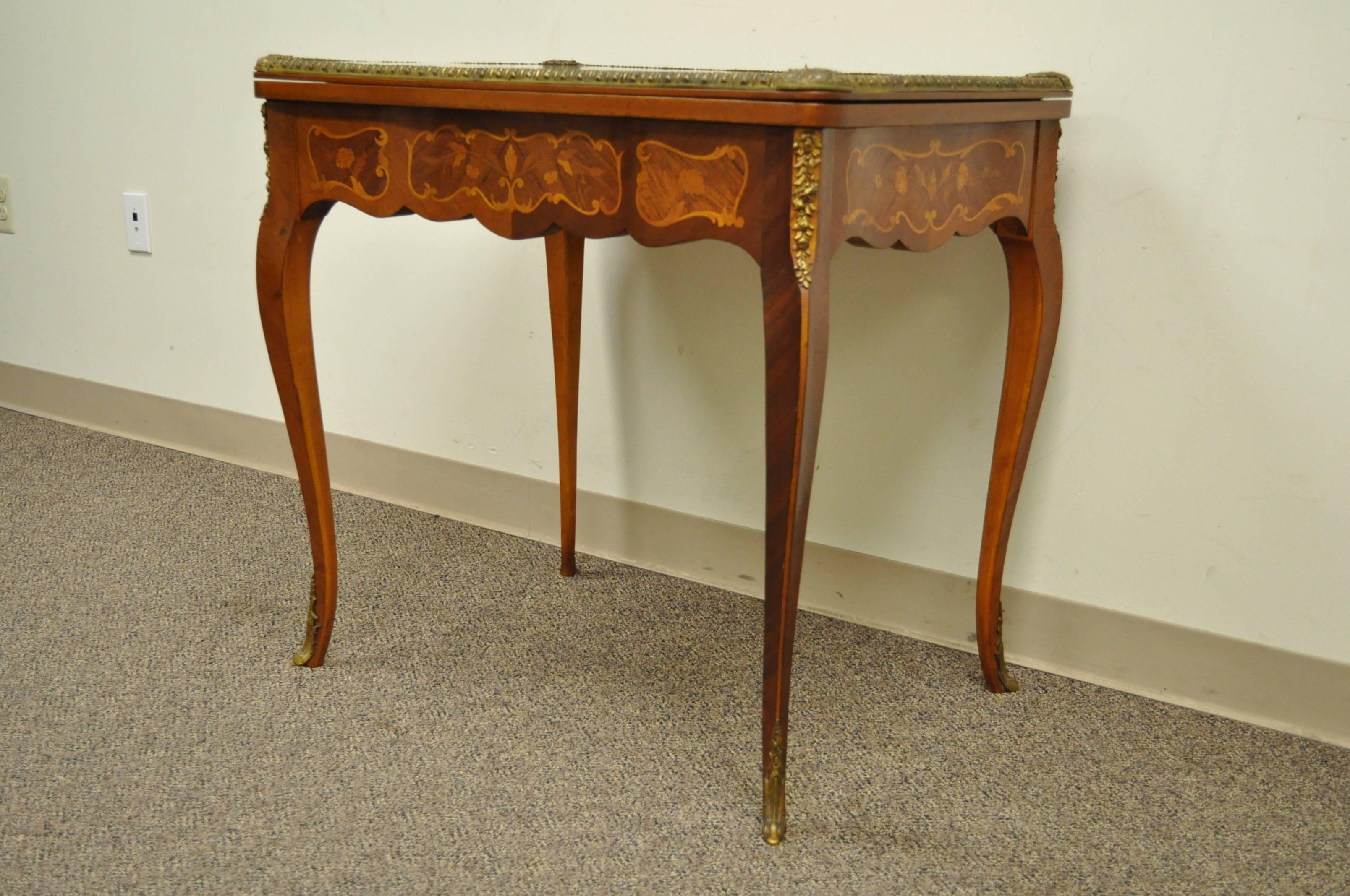 French Louis XV Style Marquetry Inlaid Bronze Flip Top Game or Card Table For Sale 2