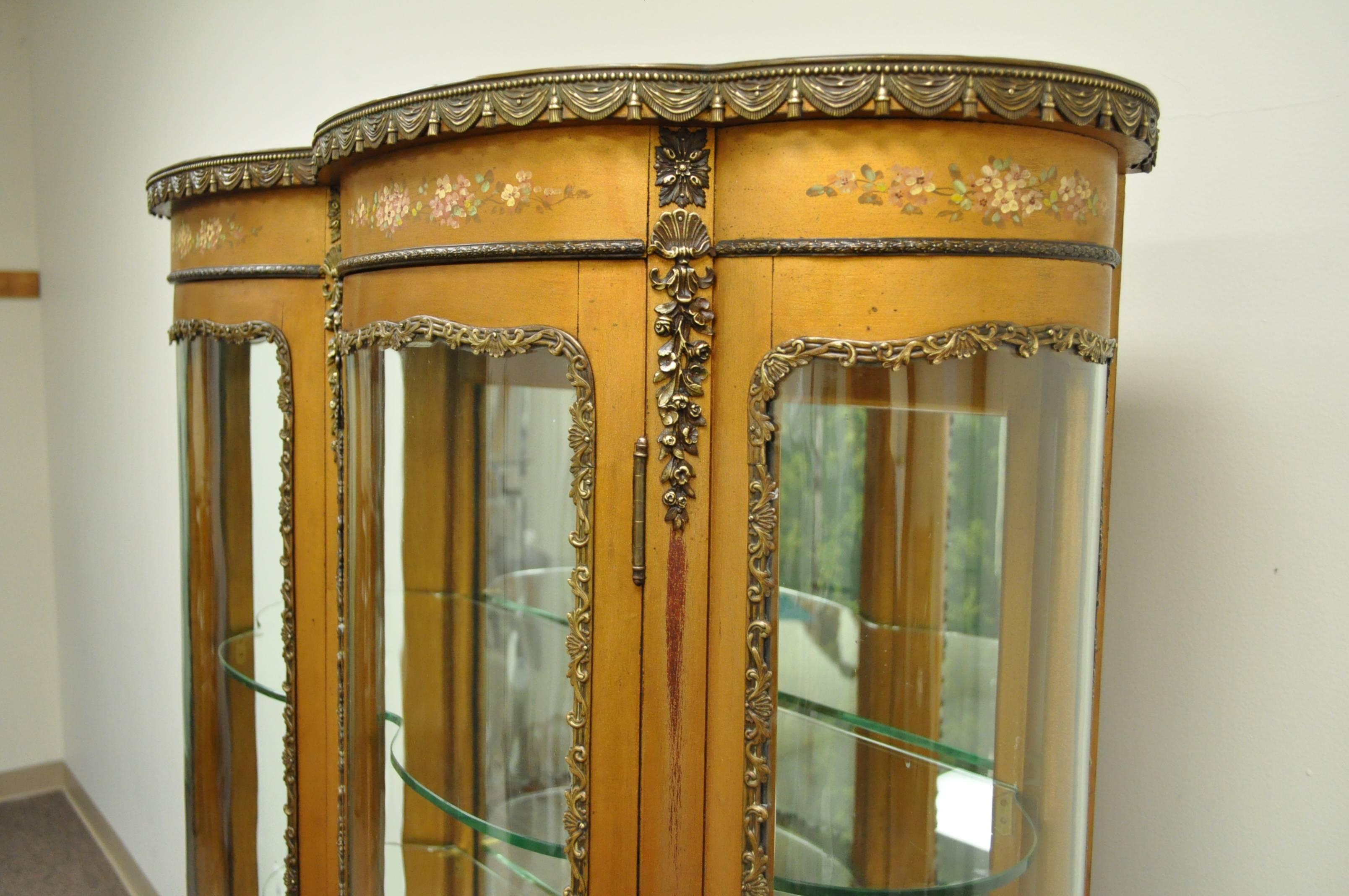 Painted French Louis XV Vernis Martin Curved Glass Double Vitrine Curio Display Cabinet