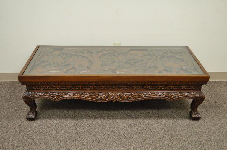 20th Century Vietnamese HandCarved Asian Coffee Low Table with Elephant Scene For Sale at
