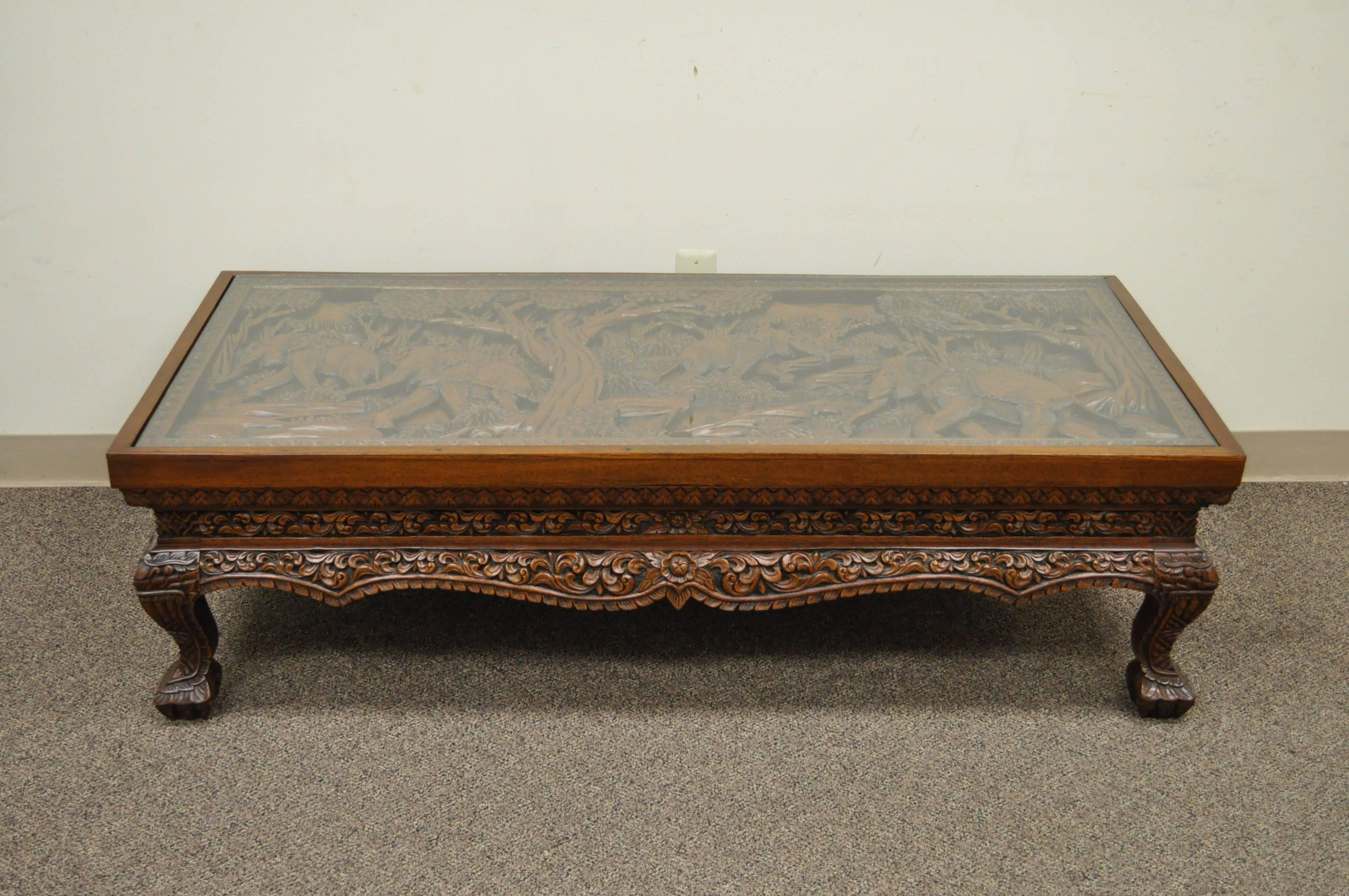20th Century Vietnamese Hand-Carved Asian Coffee Low Table with Elephant Scene For Sale 2
