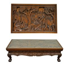 20th Century Vietnamese Hand-Carved Asian Coffee Low Table with Elephant Scene