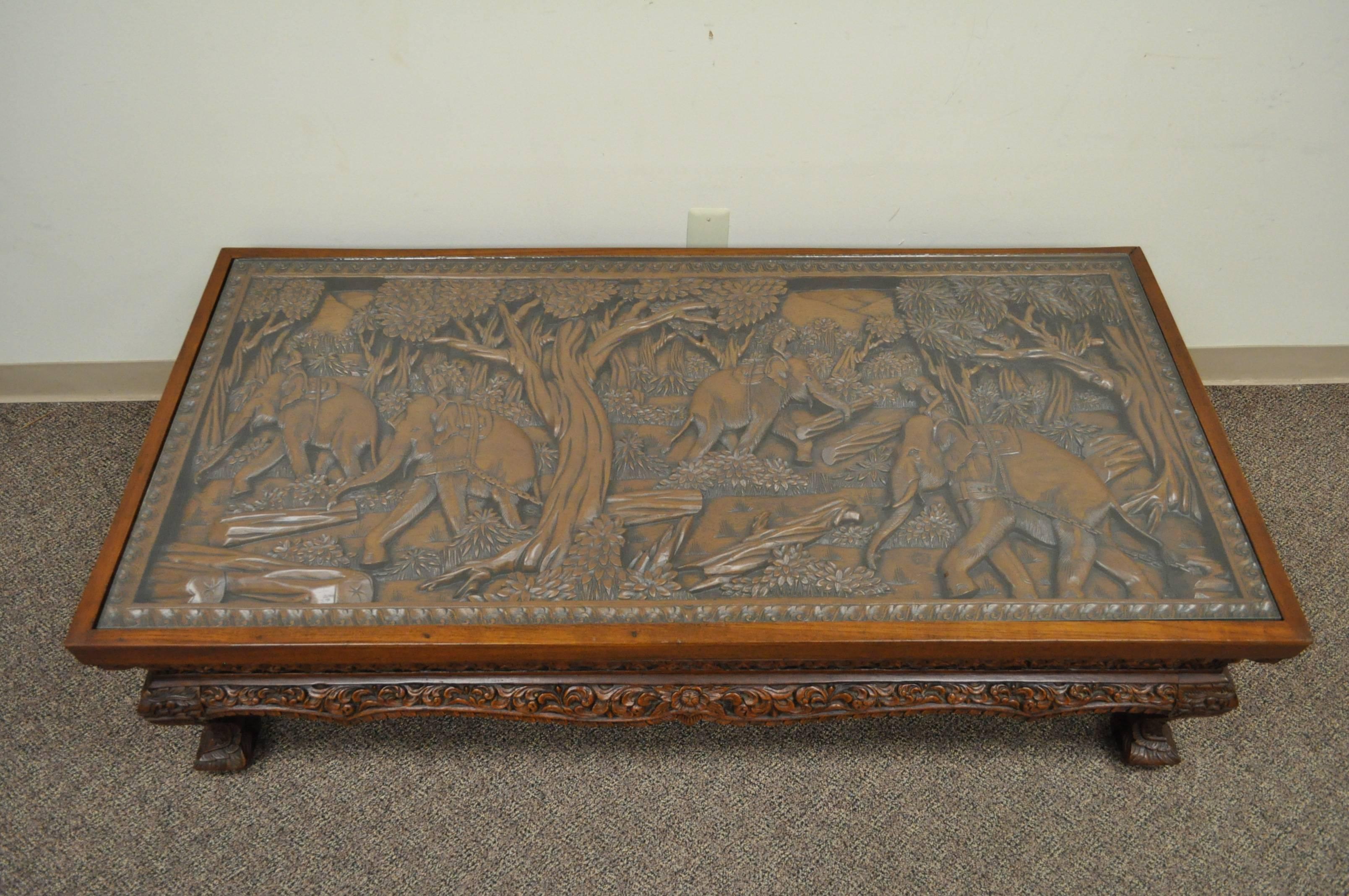 20th Century Vietnamese Hand-Carved Asian Coffee Low Table with Elephant Scene In Good Condition For Sale In Philadelphia, PA