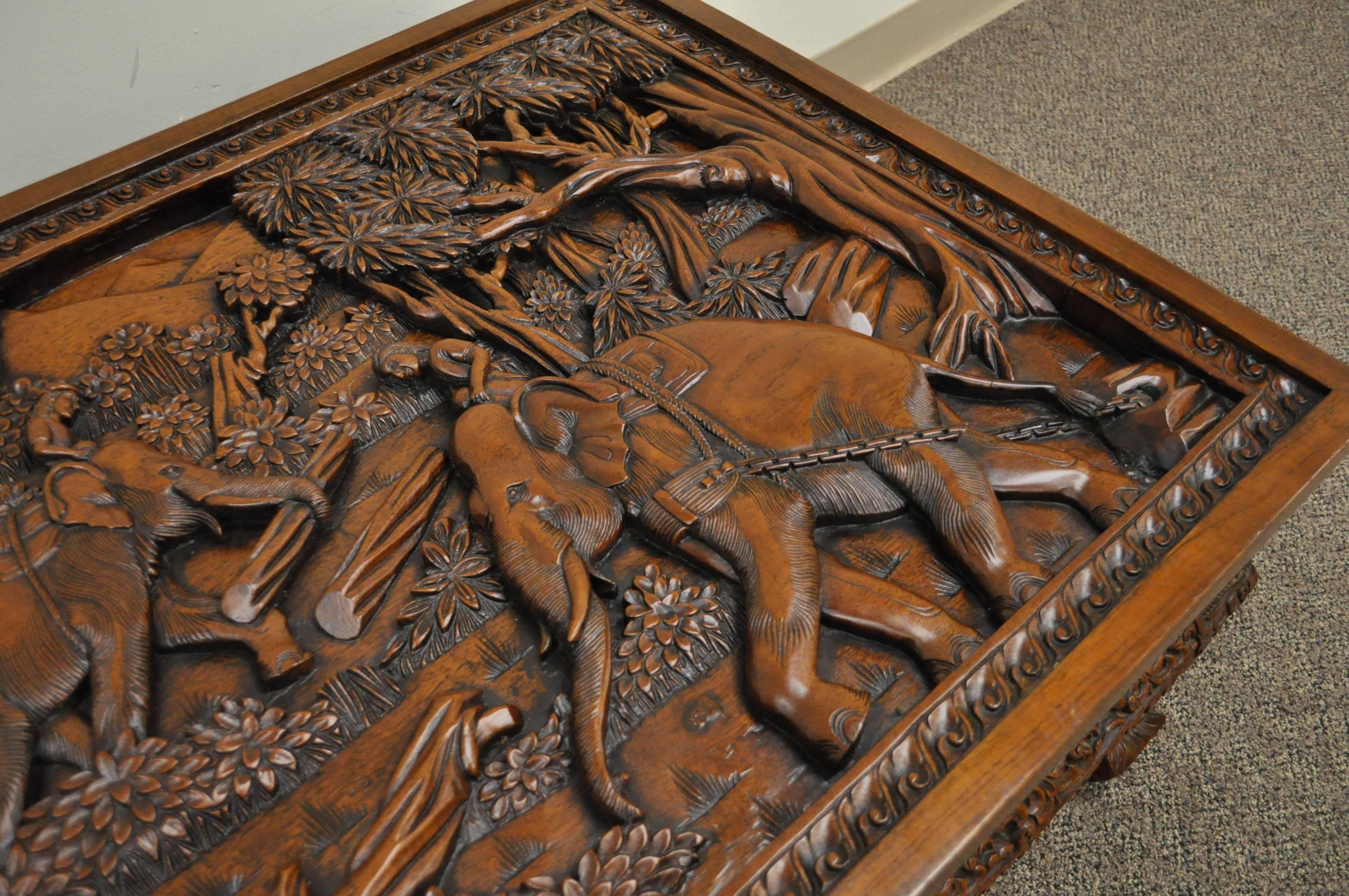 Chinese Export 20th Century Vietnamese Hand-Carved Asian Coffee Low Table with Elephant Scene For Sale