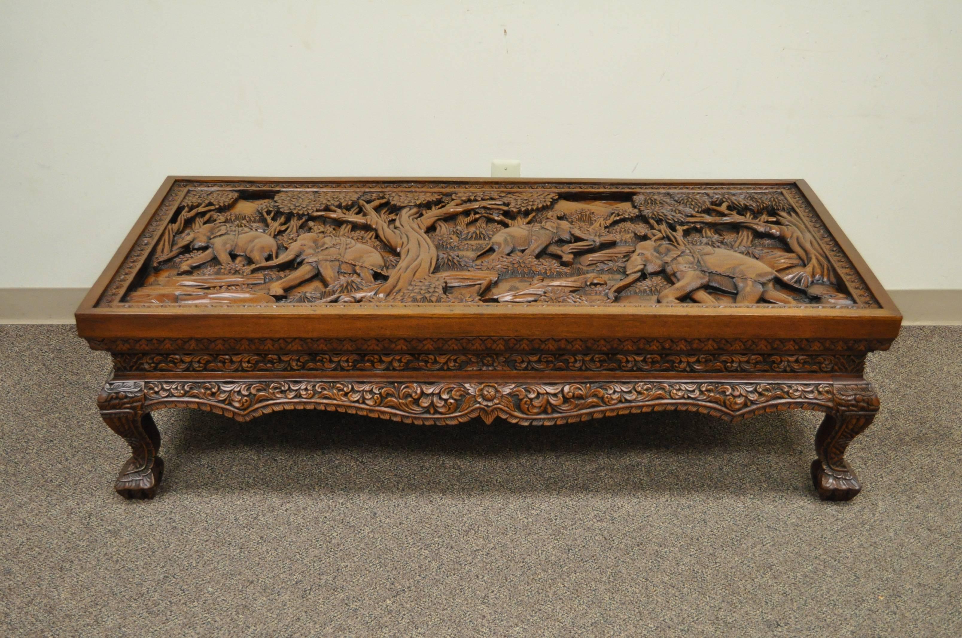 20th Century Vietnamese Hand-Carved Asian Coffee Low Table with Elephant Scene For Sale 1