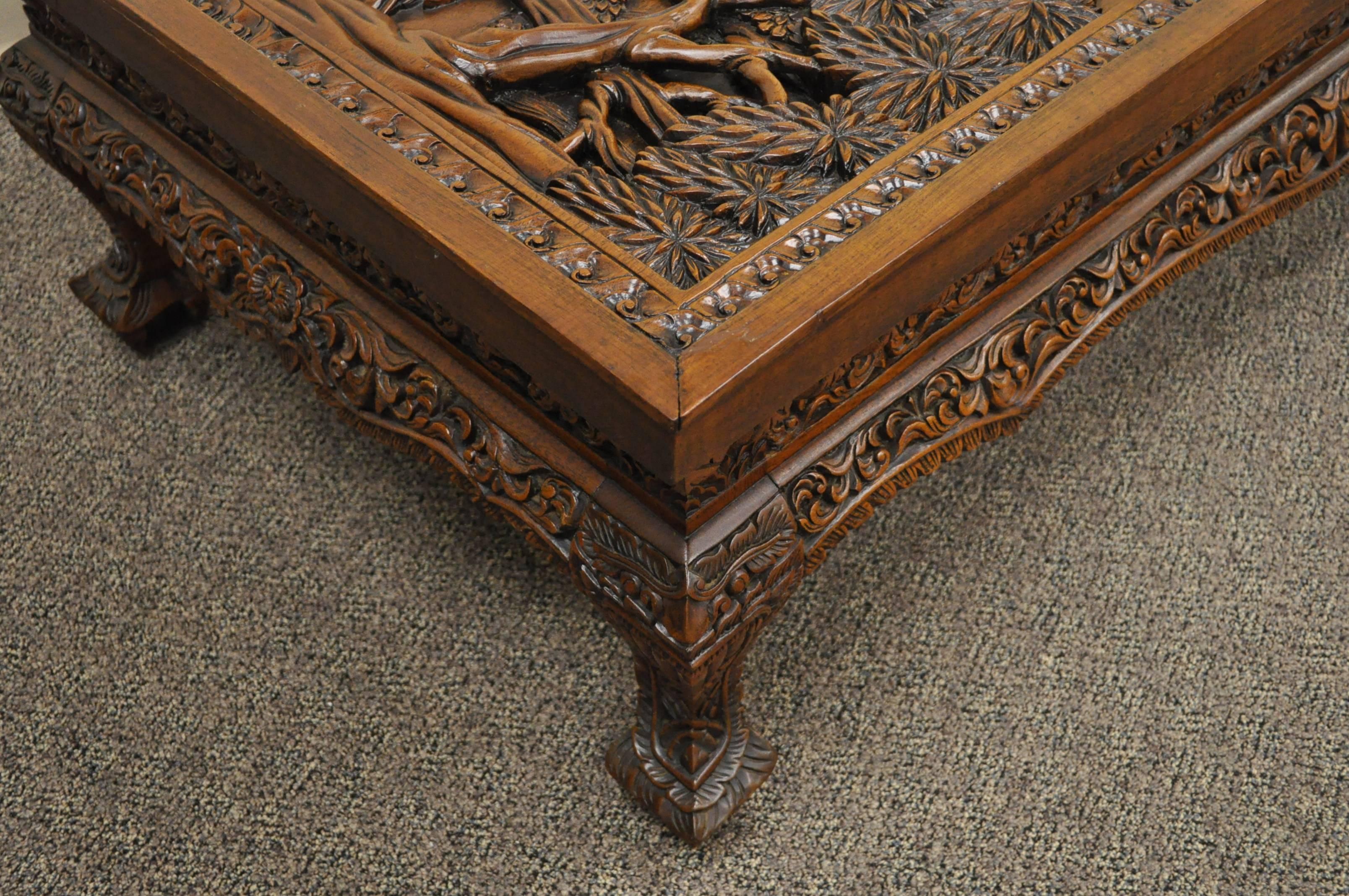 Mahogany 20th Century Vietnamese Hand-Carved Asian Coffee Low Table with Elephant Scene For Sale
