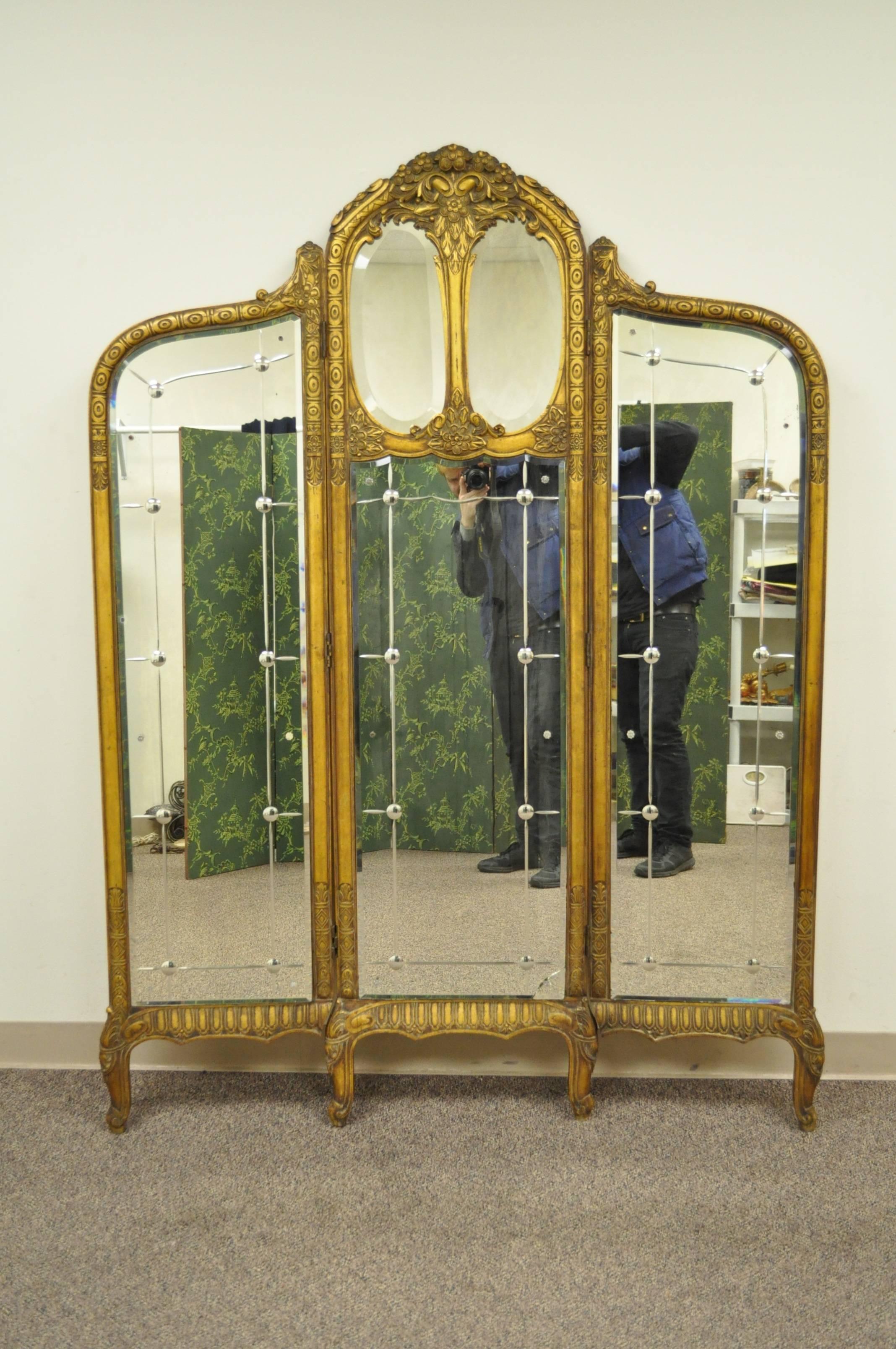 French Louis XV Style Three Section Gold Gilt Wood Mirror Screen or Room Divider 3