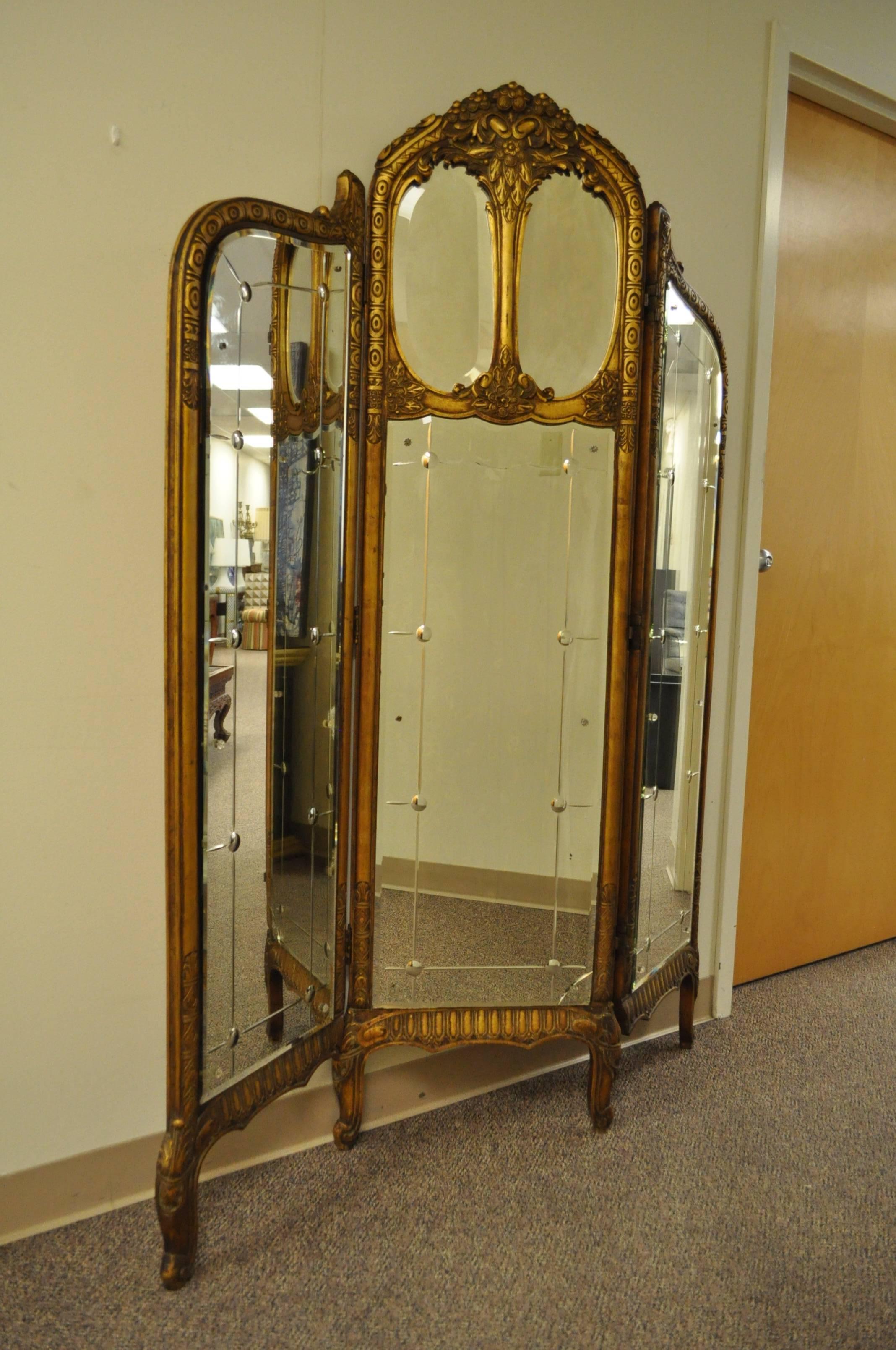 Glass French Louis XV Style Three Section Gold Gilt Wood Mirror Screen or Room Divider