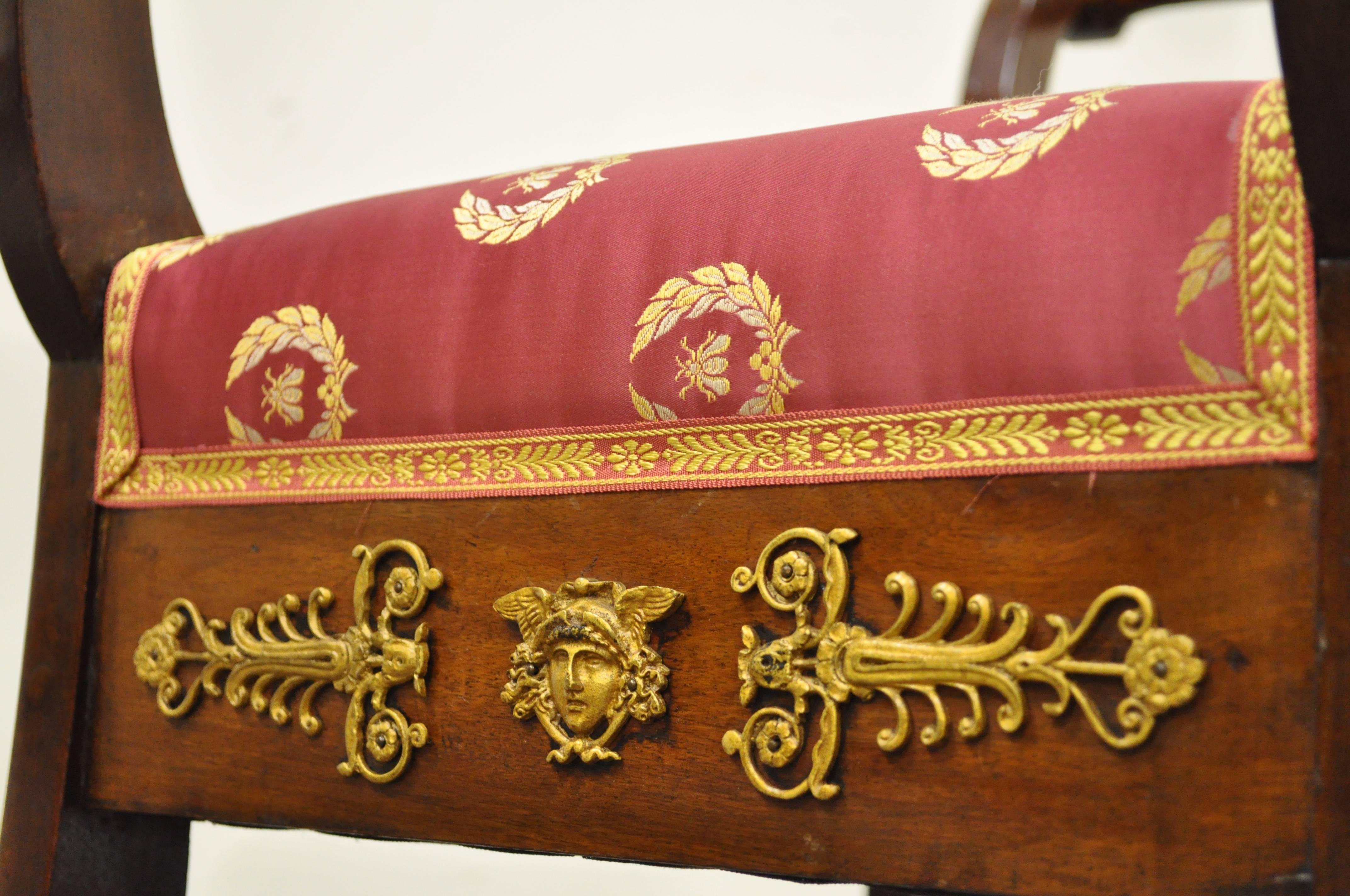 European 19th Century French Neoclassical Mahogany Curule Bench with Bronze Ormolu