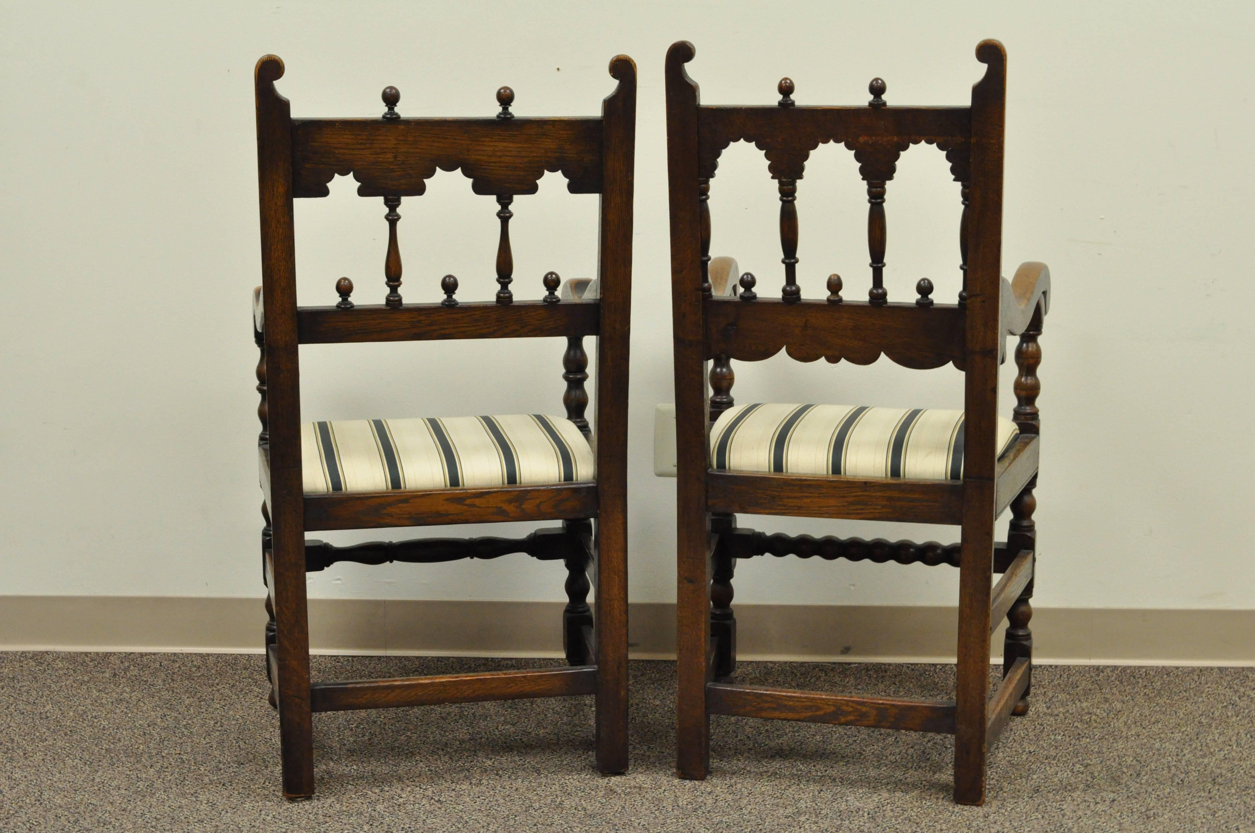 Set of Eight Solid Carved Oak 1930s Jacobean or Gothic Style Dining Room Chairs In Good Condition In Philadelphia, PA