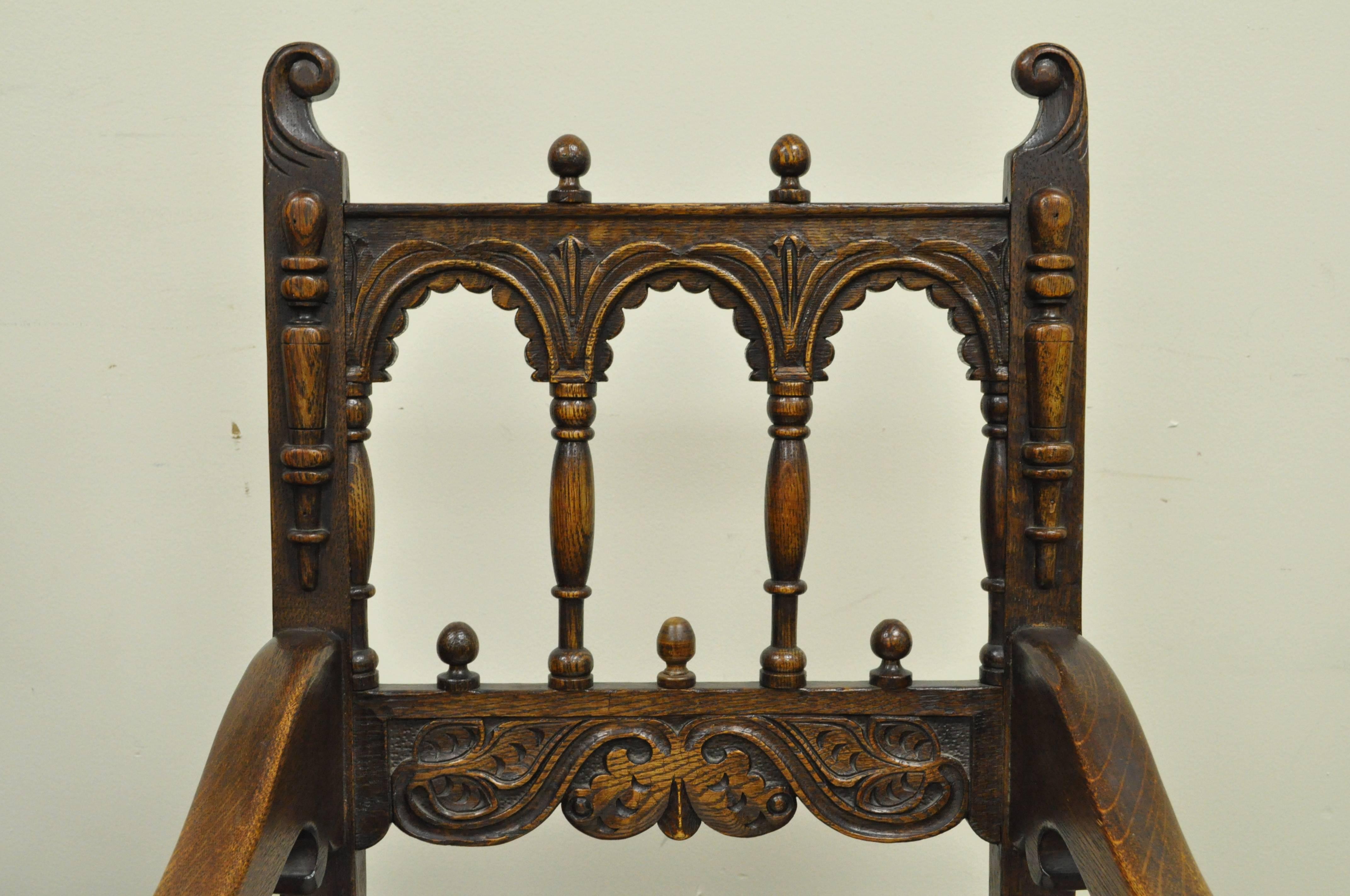 European Set of Eight Solid Carved Oak 1930s Jacobean or Gothic Style Dining Room Chairs