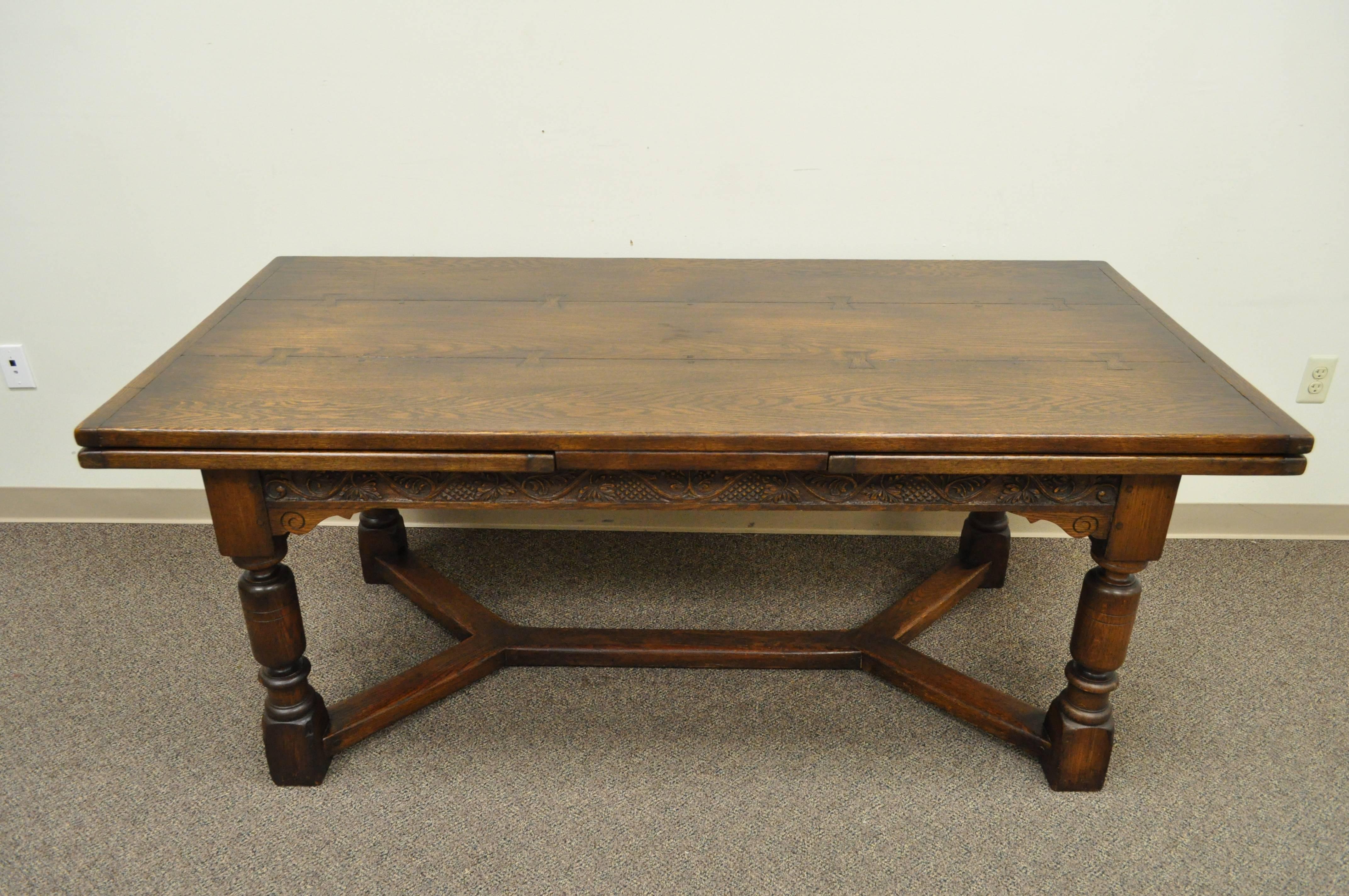 1930s Solid Carved Oak Jacobean Style Refectory Extension Plank Dining Table 2
