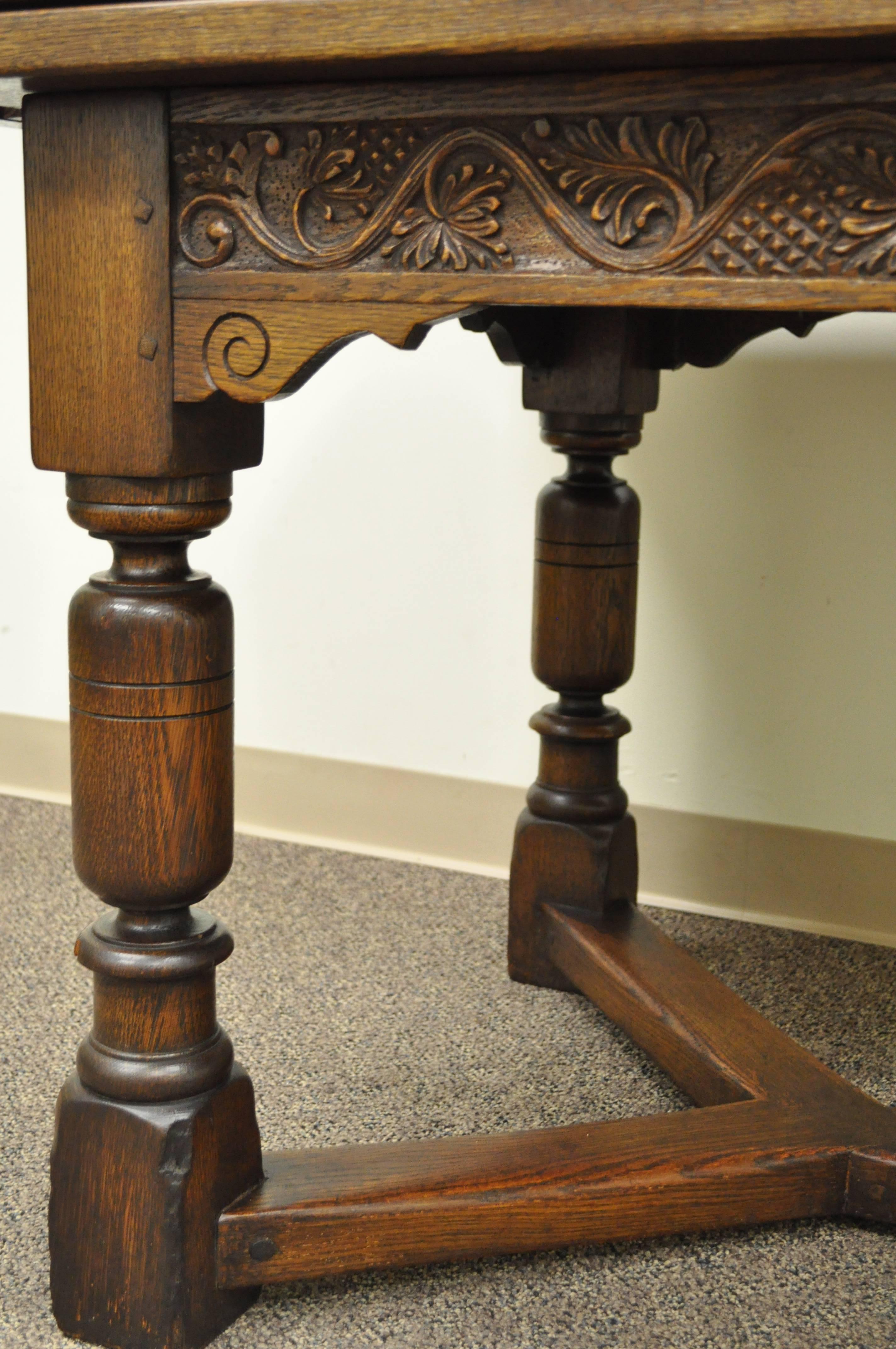 European 1930s Solid Carved Oak Jacobean Style Refectory Extension Plank Dining Table