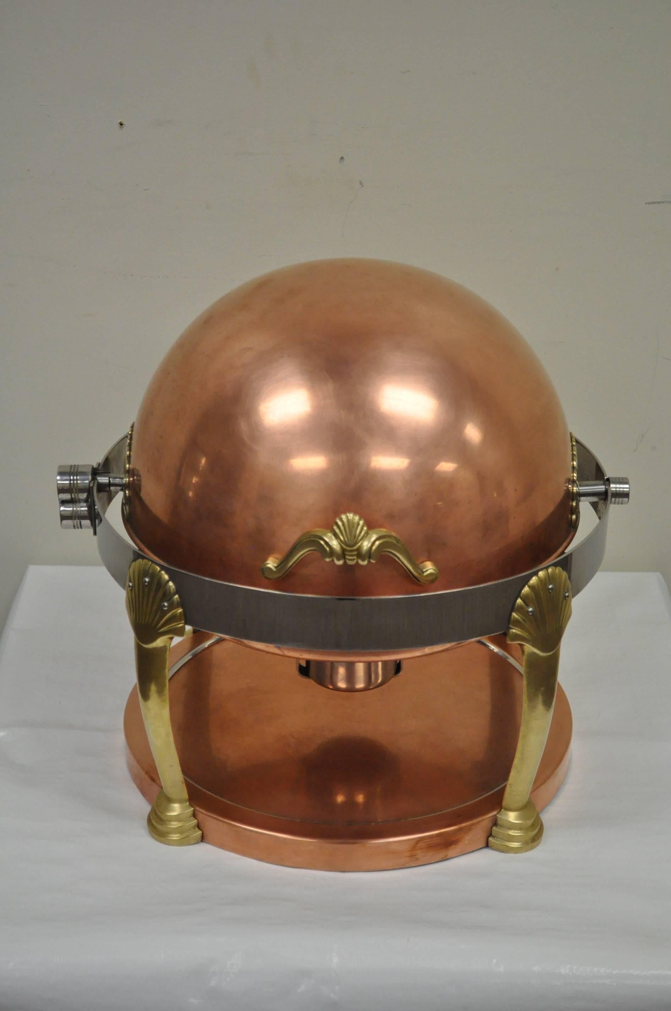 Fine Neoclassical Style Copper, Brass, and Chrome Chafer or Chafing Dish Server In Excellent Condition In Philadelphia, PA
