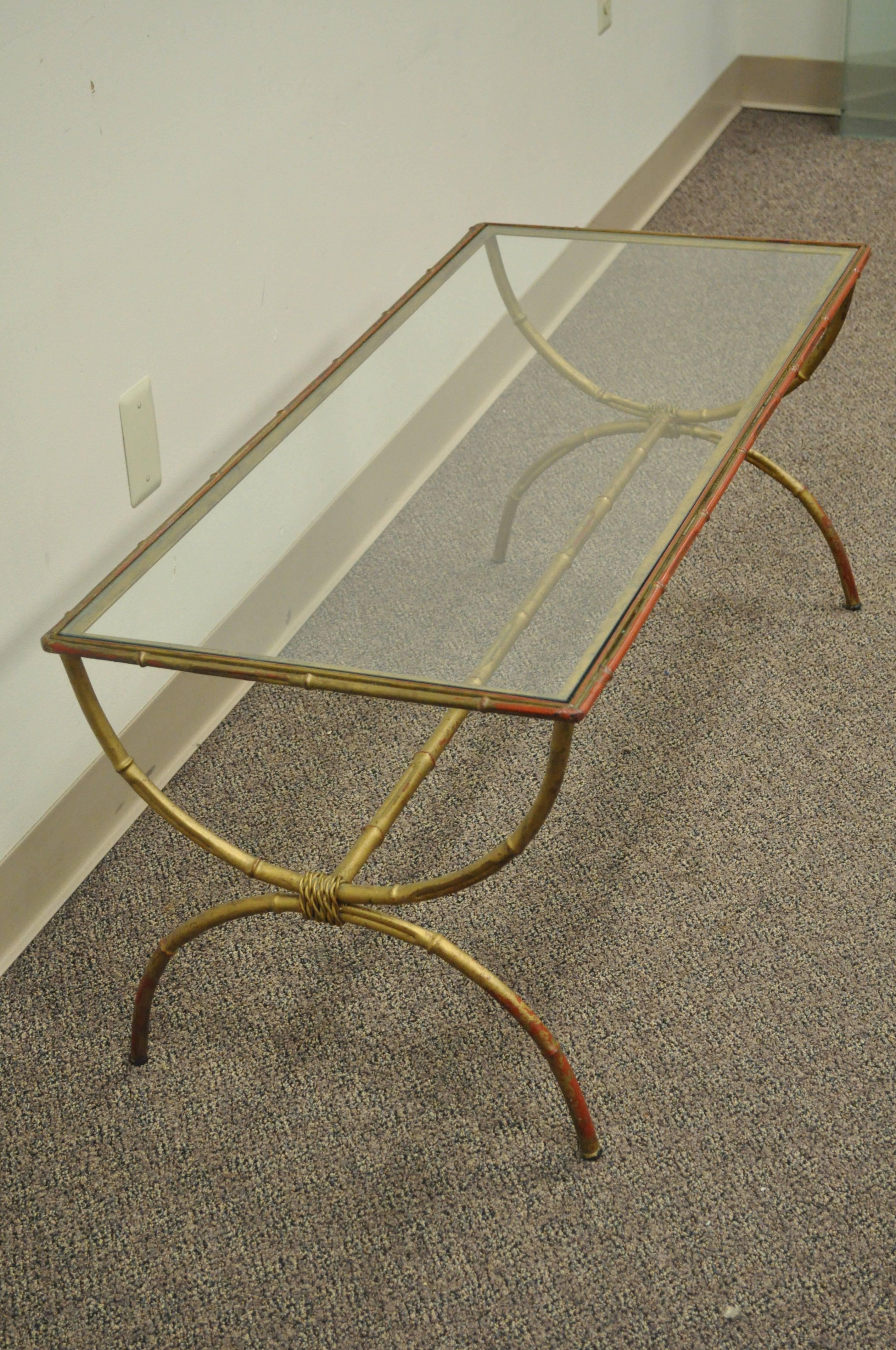 Vintage 1940s Italian Gold Gilt Iron Hollywood Regency Faux Bamboo Coffee Table For Sale 1