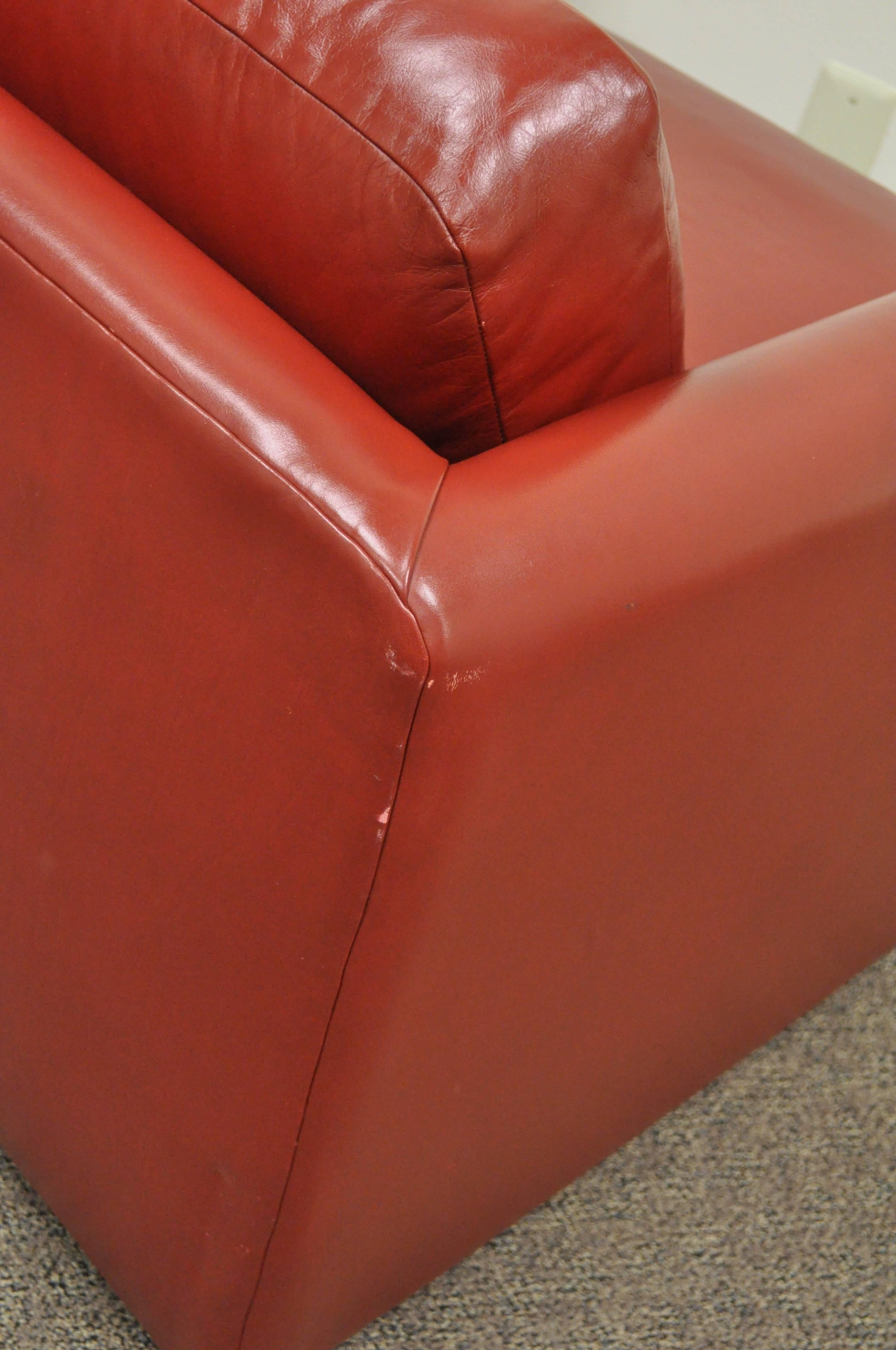 American Red Leather Cube Club or Lounge Chair on Rolling Casters