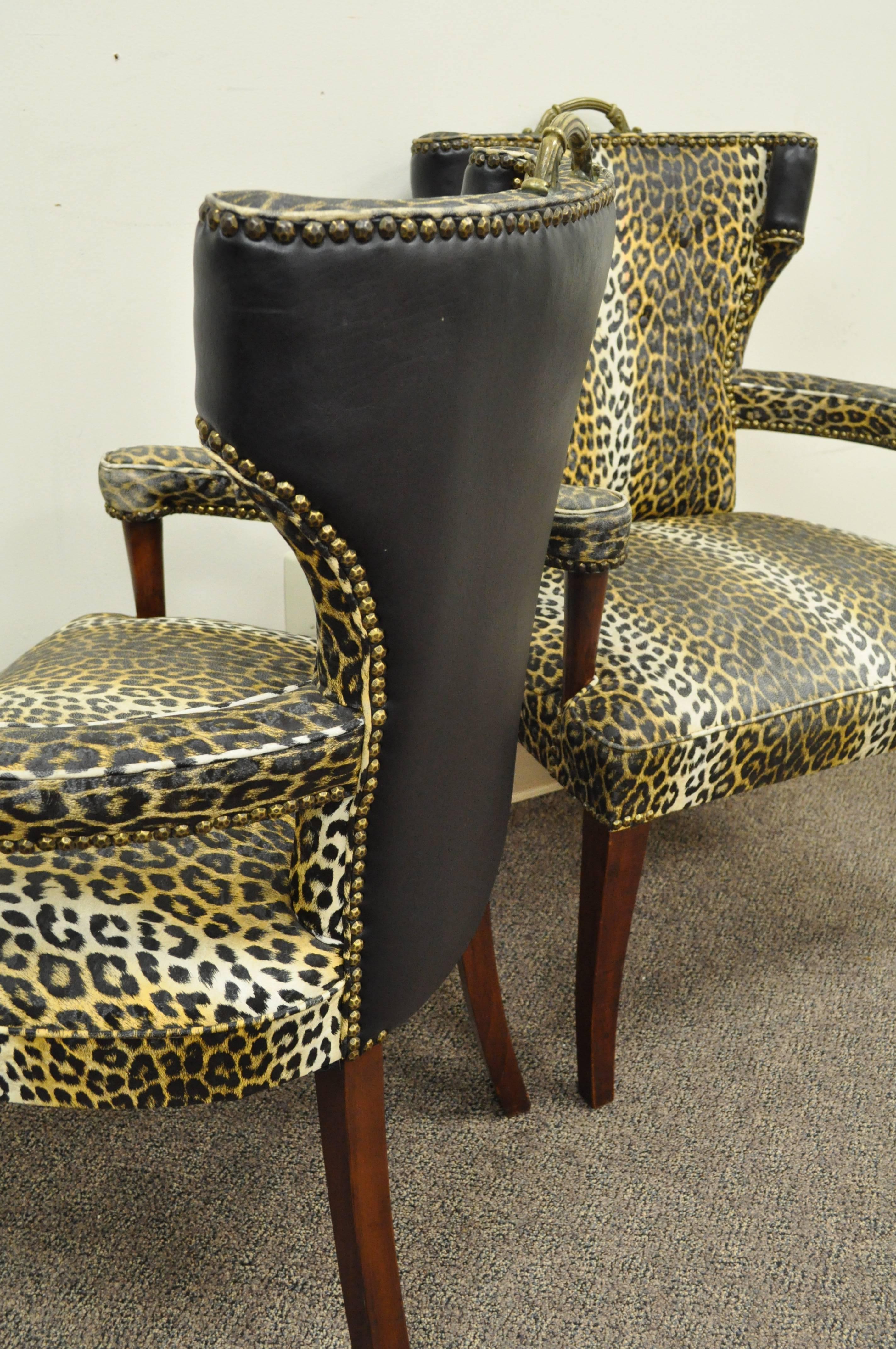 Mid-20th Century Pair of Dorothy Draper Hollywood Regency Leopard Printed Vinyl Curved Armchairs For Sale
