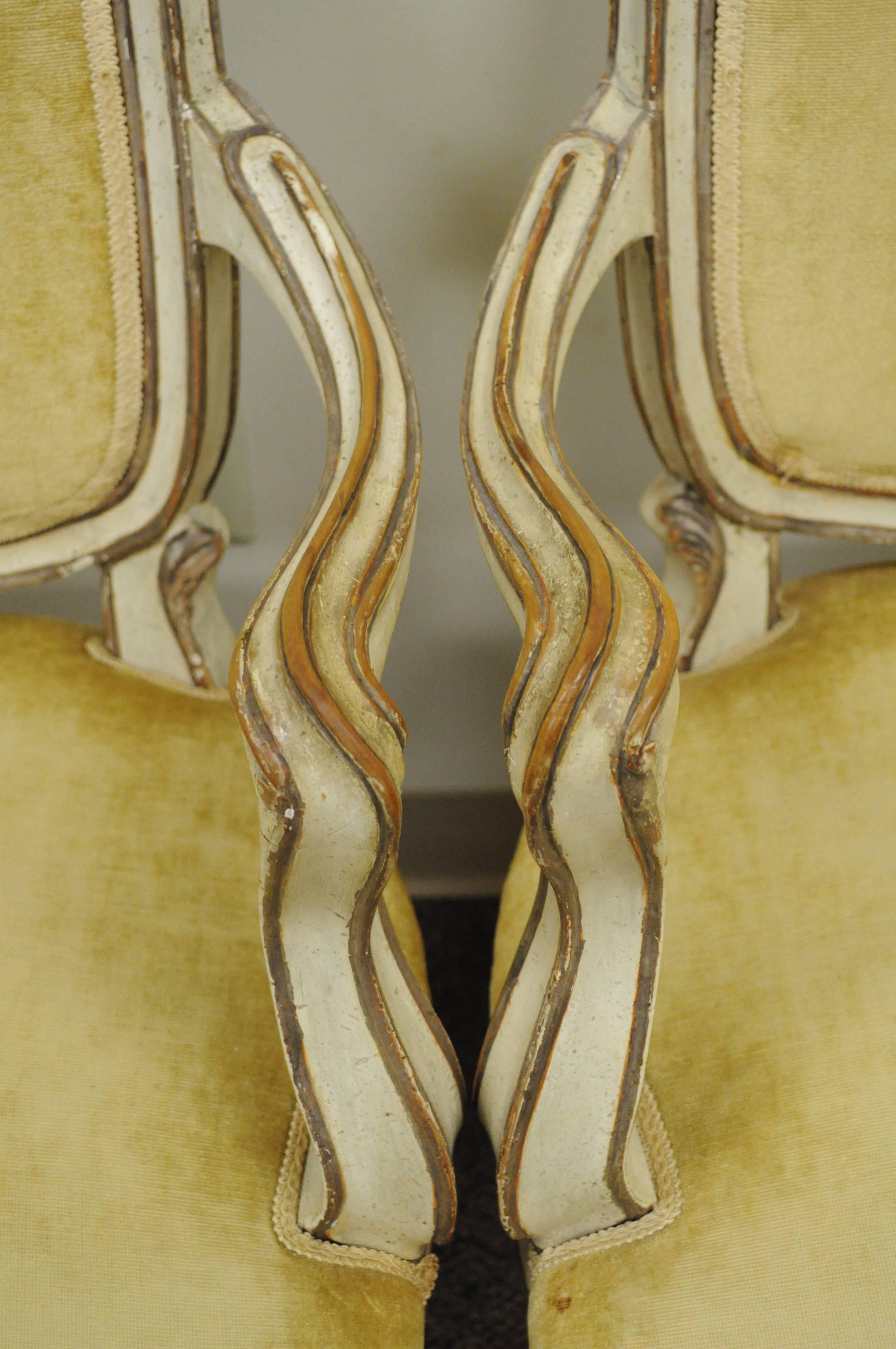 Pair of 19th C Hand-Carved Italian Venetian Distress Painted Fauteuil Arm Chairs For Sale 2