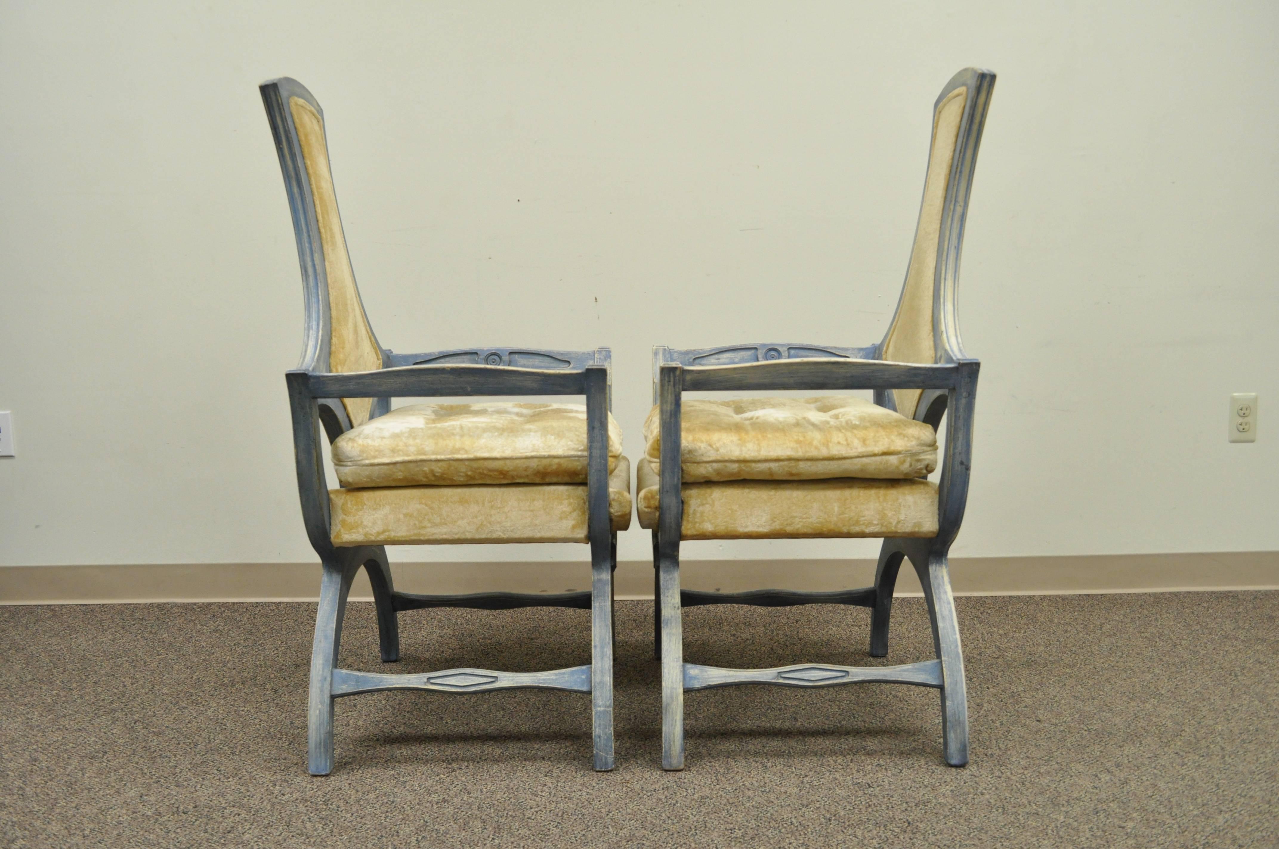 Pair of Hollywood Regency Blue Curule Throne Armchairs after Dorothy Draper In Good Condition In Philadelphia, PA