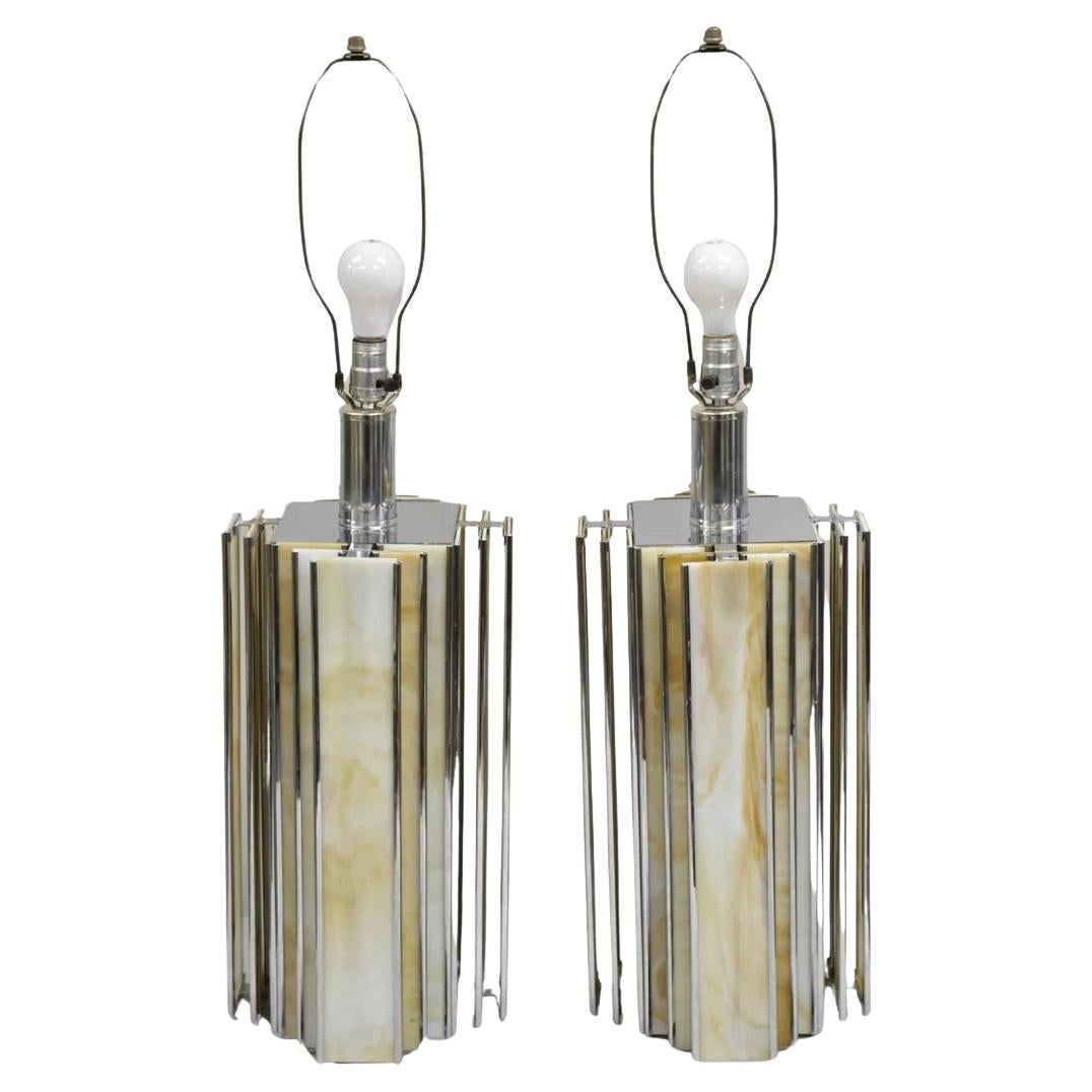 Vintage Art Deco Chrom & Glasmalerei Skyscraper Tischlampen - ein Paar