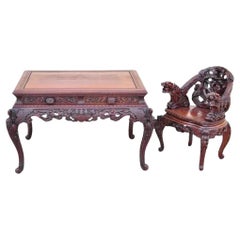 Antique Japanese Art Nouveau Dragon Carved Four Drawer Partners Desk and Chair