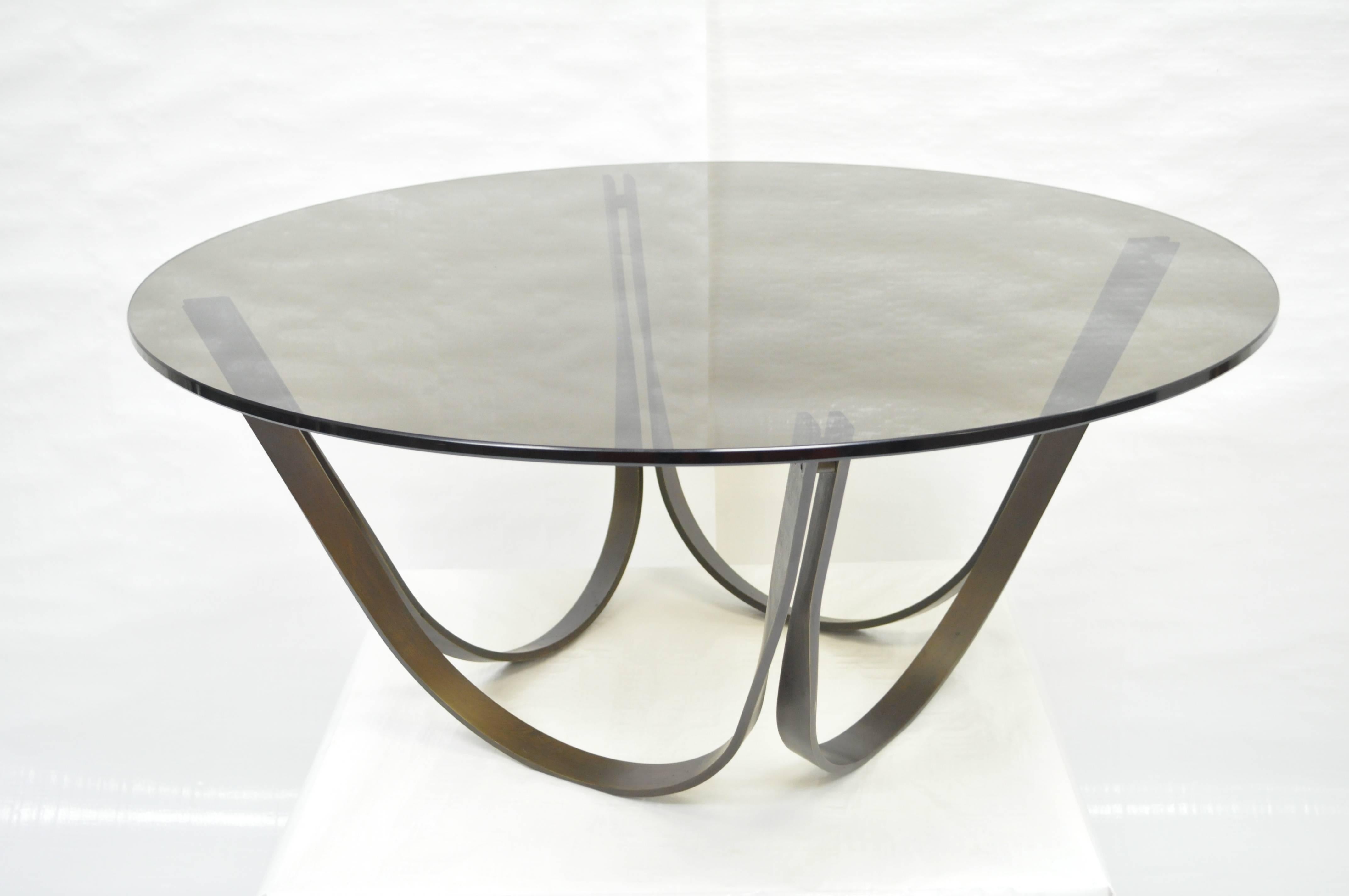 Mid-Century Modern Trimark Bronze Sculptural Round Glass Coffee Table After Roger Sprunger Dunbar For Sale