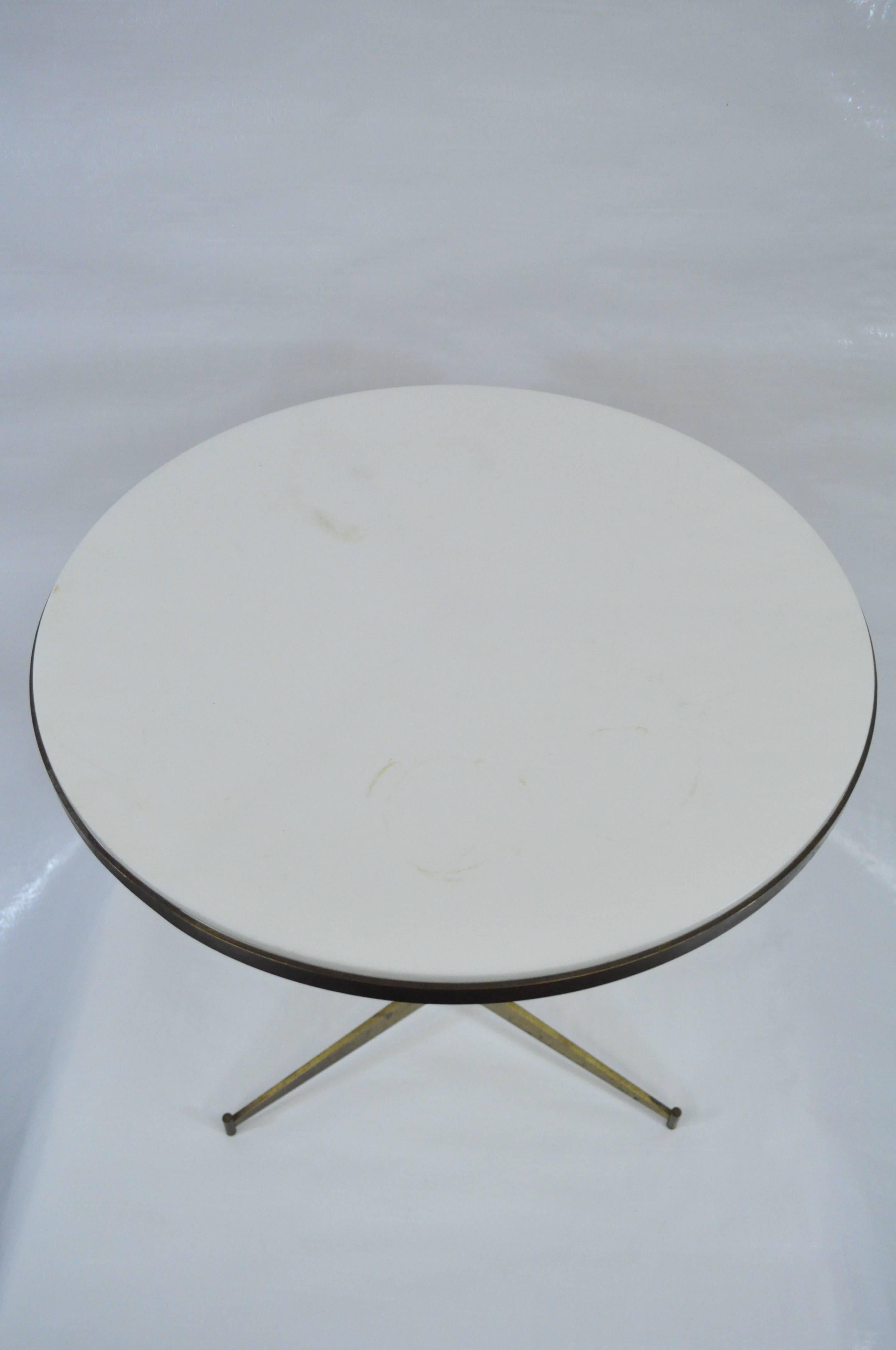 Mid-20th Century Paul McCobb Brass & White Vitrolite Glass Cigarette Tripod Side Table