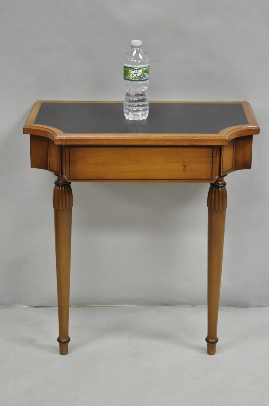 Vintage French Regency Style Cherry Wood Small Wall Mounted Console Table with Drawer and Black Laminated Top. Circa Mid 20th Century. Measurements: 26