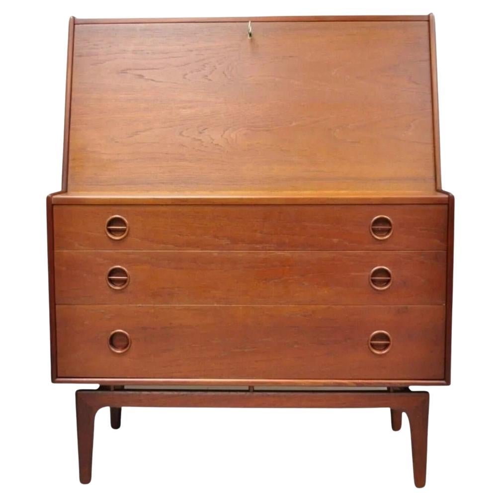 Mid Century Danish Modern Arne Hovmand Olsen MK Teak Drop Front Secretary Desk For Sale