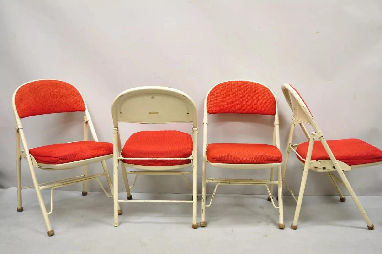 Art Deco Vintage American Seating Metal Frame Red Upholstered Folding Chairs - Set of 4 For Sale