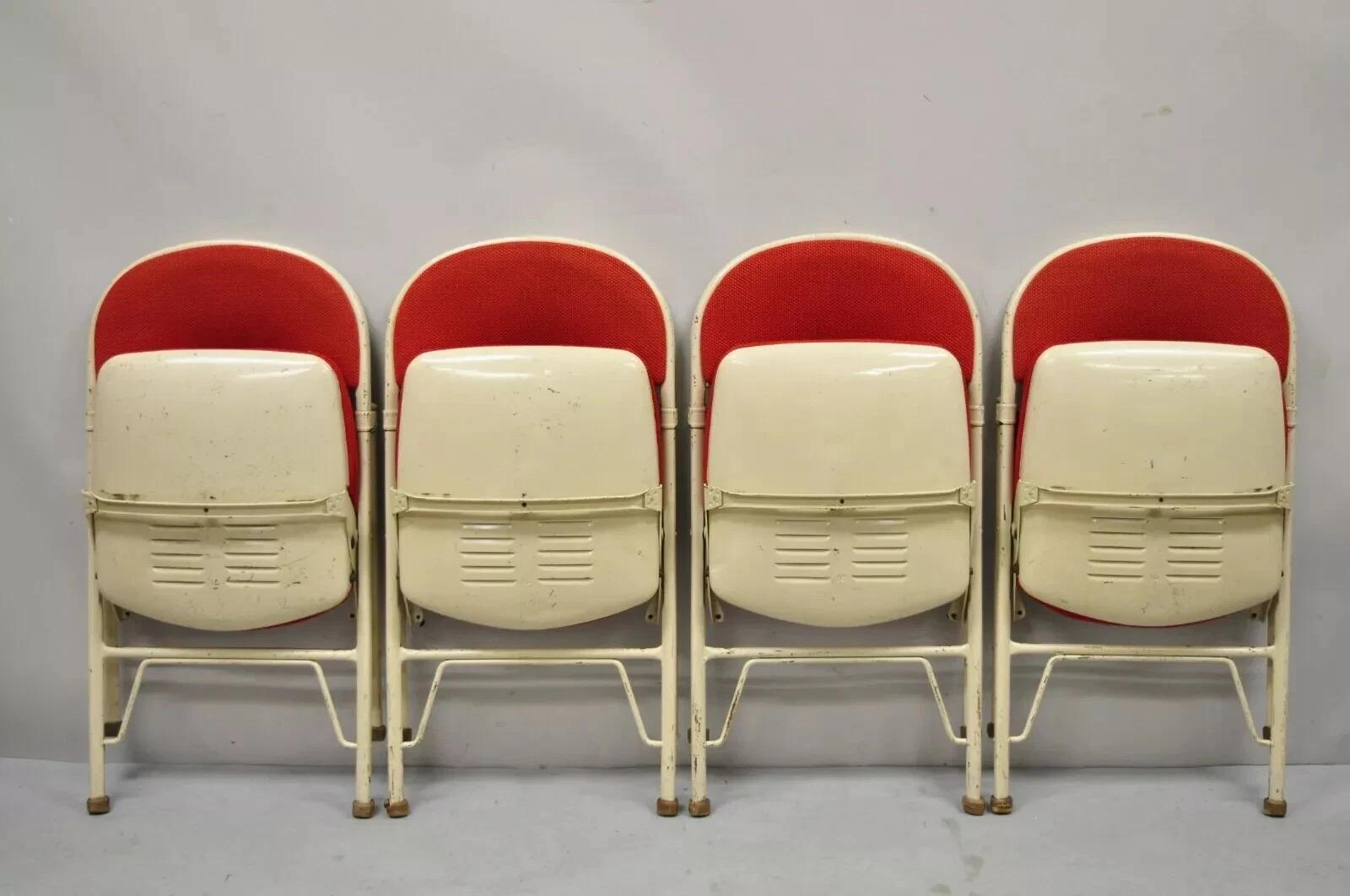 Vintage American Seating Metal Frame Red Upholstered Folding Theater Chairs - Set of 4. Listing includes (4) folding chairs, unique metal frames, original red upholstery, original label, very nice vintage set, quality American craftsmanship. Circa