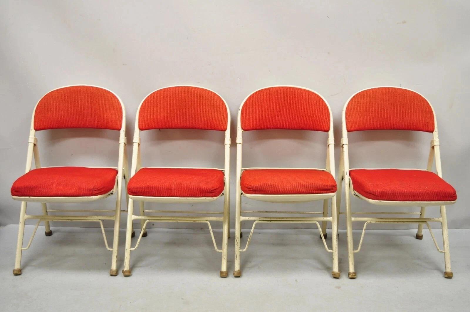 Vintage American Seating Metal Frame Red Upholstered Folding Chairs - Set of 4 For Sale 6