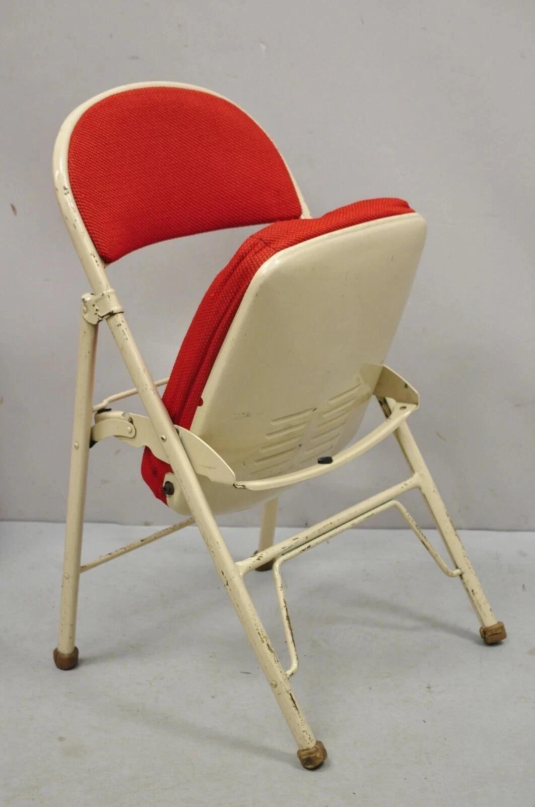 Vintage American Seating Metal Frame Red Upholstered Folding Chairs - Set of 4 For Sale 3