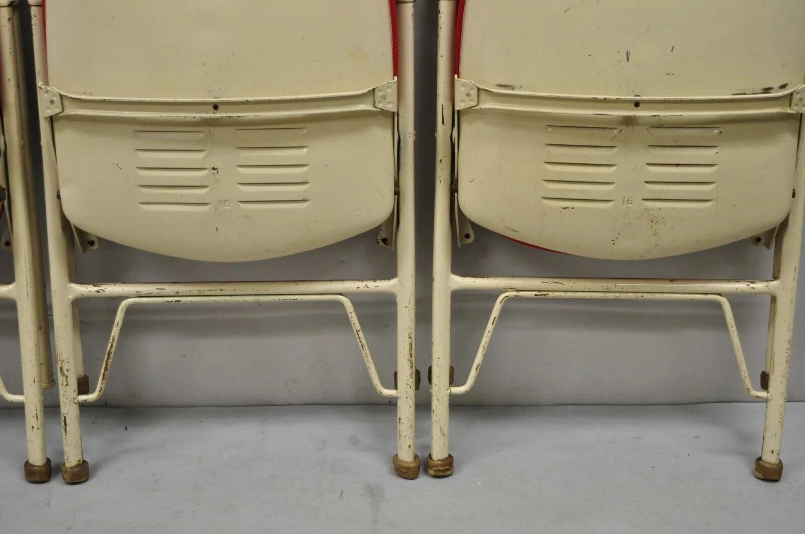 Vintage American Seating Metal Frame Red Upholstered Folding Chairs - Set of 4 For Sale 5