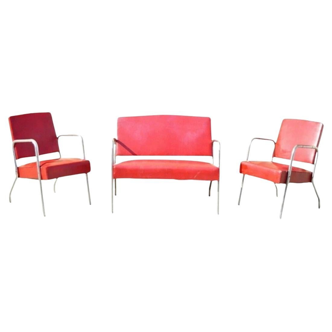 Lovanat d'epoca Art Deco in acciaio e metallo rosso e coppia di sedie da salotto - Set da 3 pezzi di Yale in vendita