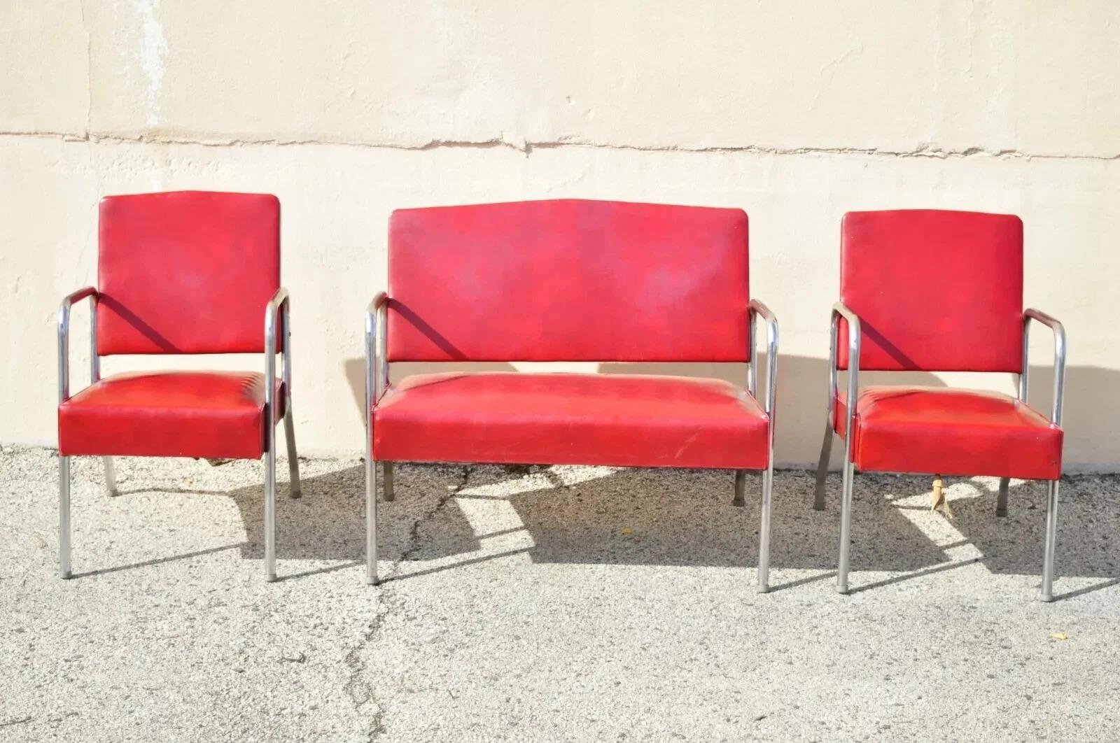 Lovanat d'epoca Art Deco in acciaio e metallo rosso e coppia di sedie da salotto - Set da 3 pezzi di Yale in vendita 5