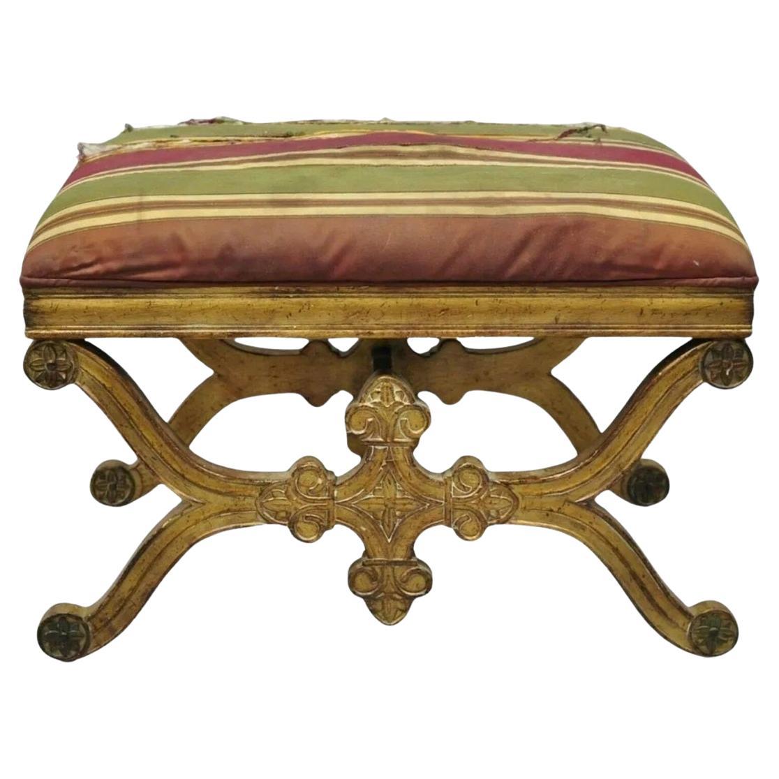 Vintage Spanish Regency Carved Wood X-Frame Gold Upholstered Stool Bench
