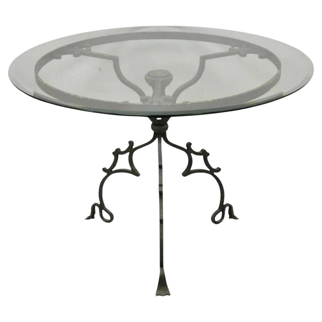 Vintage Gothic Style Wrought Iron Scrolling Base Round Glass Top Center Table For Sale