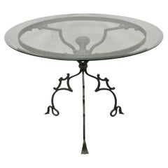 Vintage Gothic Style Wrought Iron Scrolling Base Round Glass Top Center Table