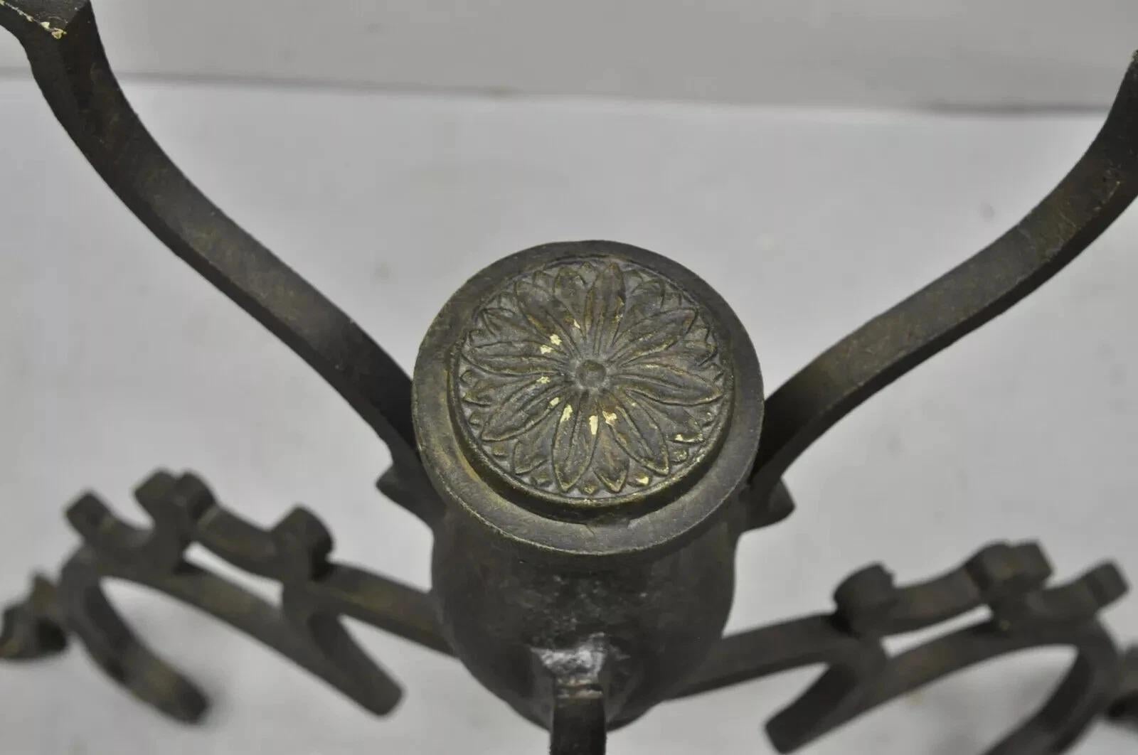 Vintage Gothic Style Wrought Iron Scrolling Base Round Glass Top Center Table For Sale 2