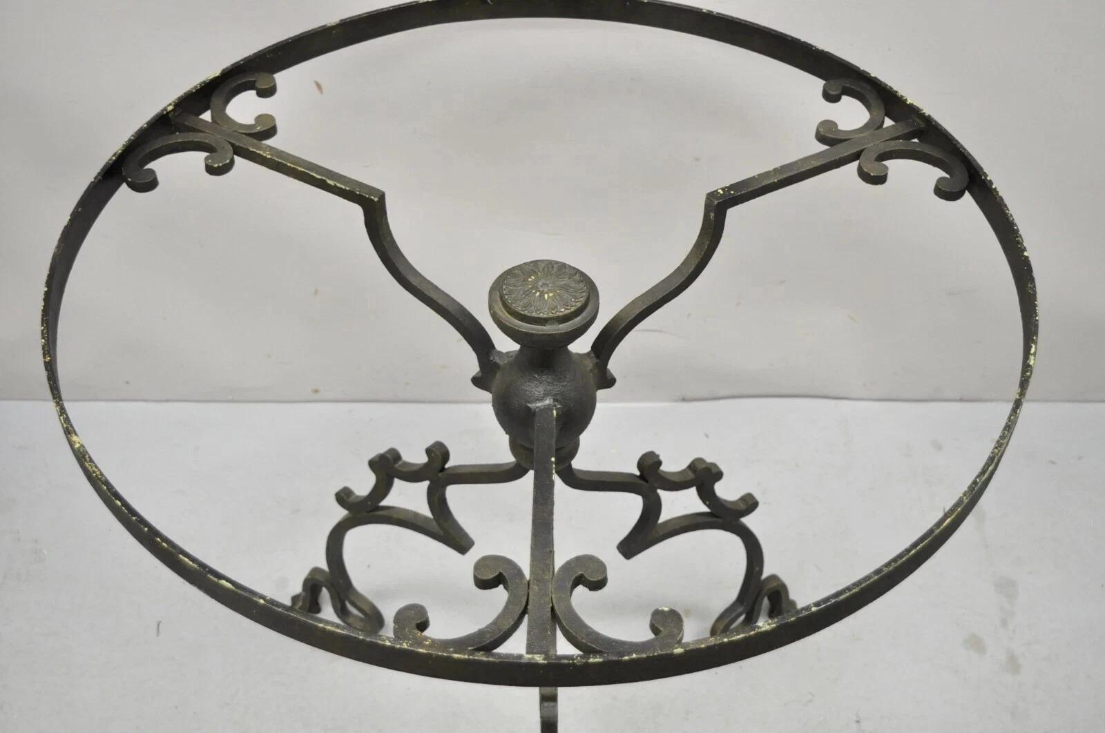 Vintage Gothic Style Wrought Iron Scrolling Base Round Glass Top Center Table For Sale 1