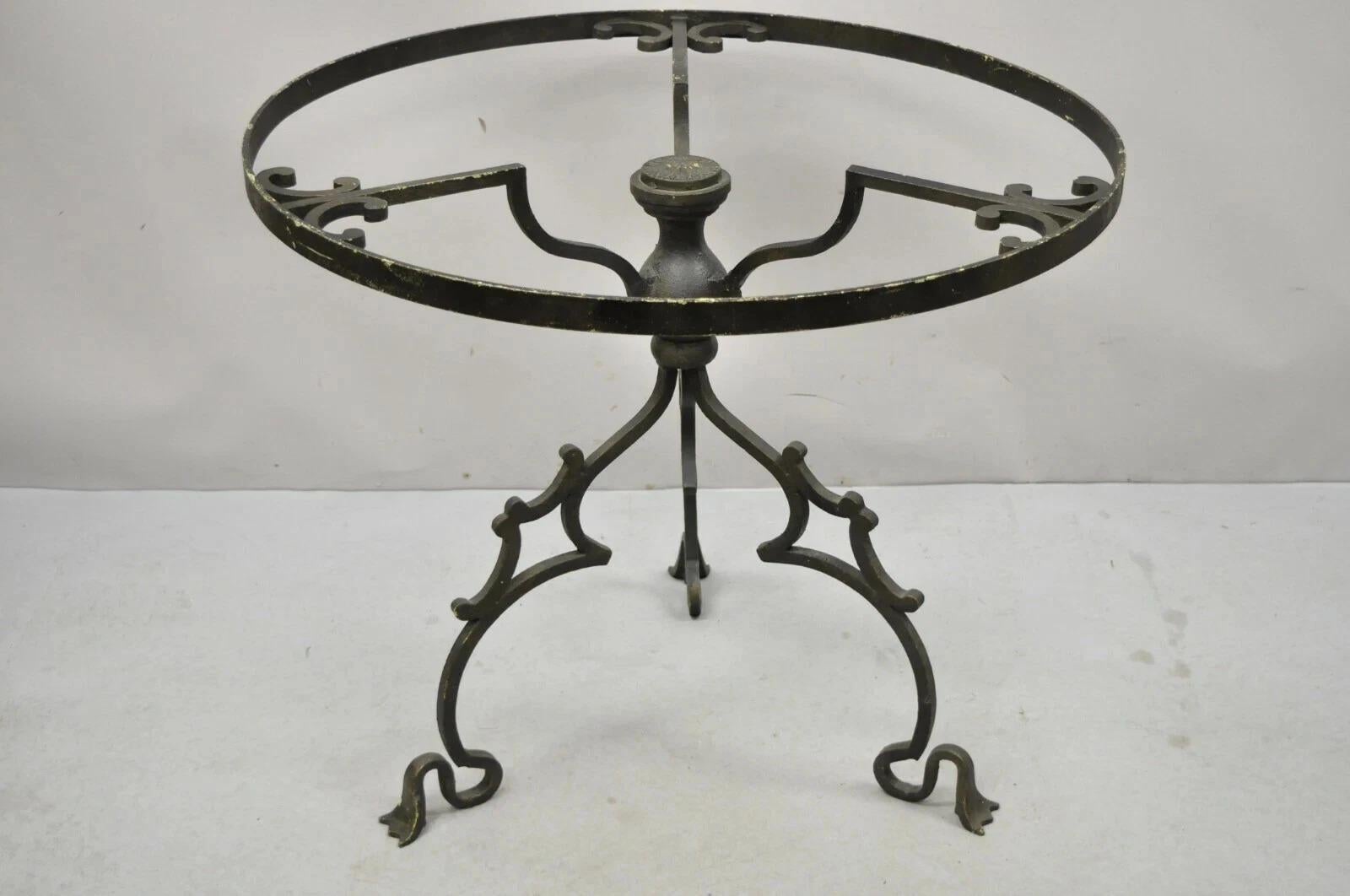 Vintage Gothic Style Wrought Iron Scrolling Base Round Glass Top Center Table For Sale 7