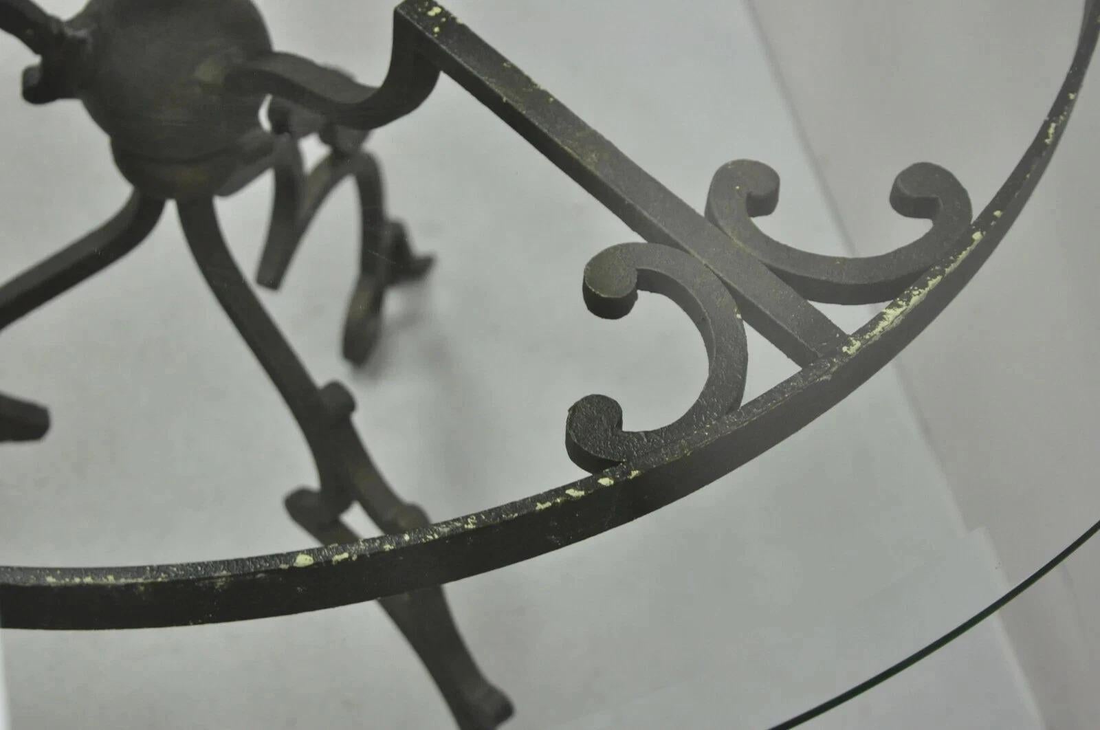 Vintage Gothic Style Wrought Iron Scrolling Base Round Glass Top Center Table For Sale 4