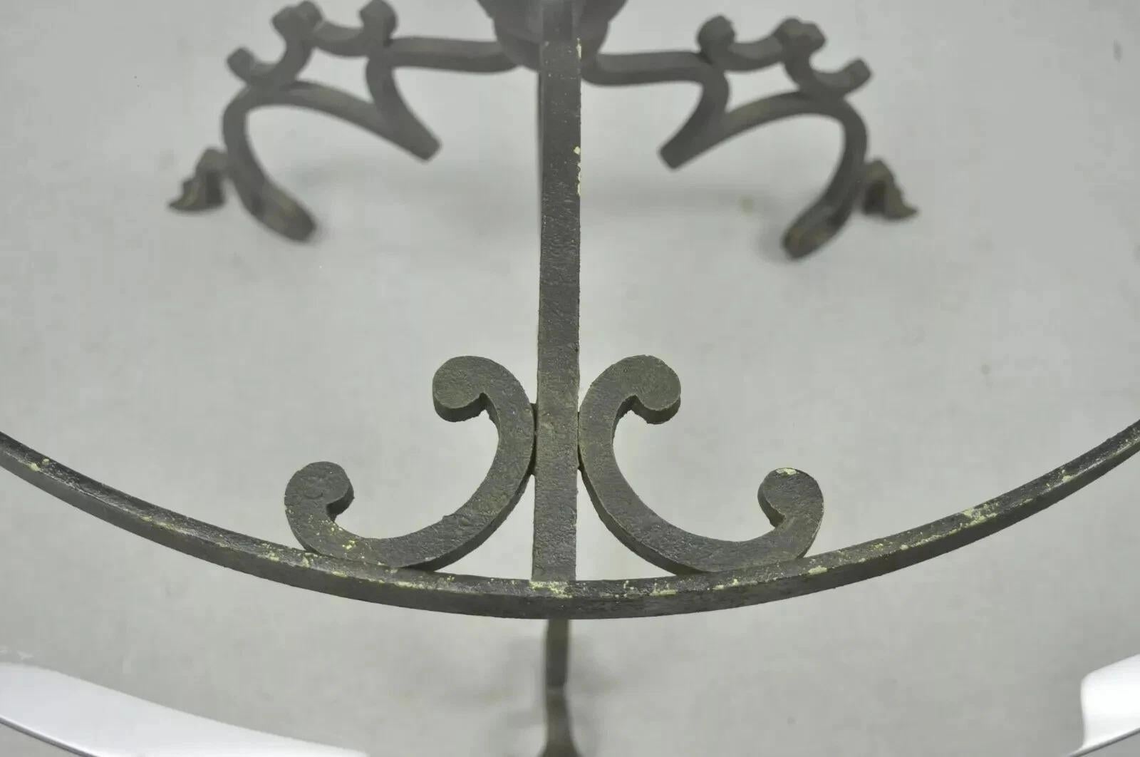 Vintage Gothic Style Wrought Iron Scrolling Base Round Glass Top Center Table For Sale 6