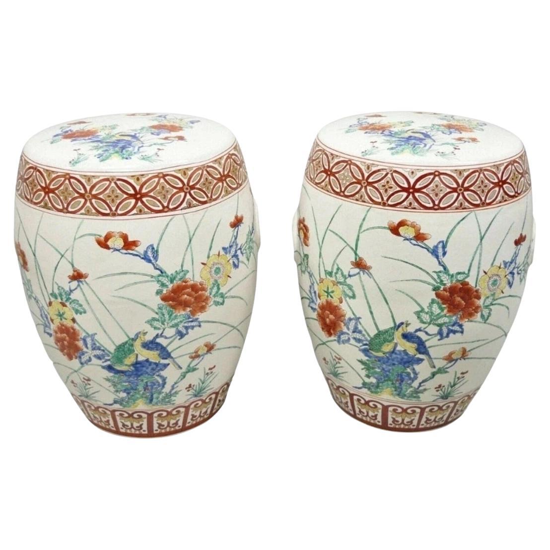 Vintage Chinoiserie Porcelain Ceramic Chinese Red Blue Garden Stool Seat, a Pair