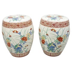 Vintage Chinoiserie Porcelain Ceramic Chinese Red Blue Garden Stool Seat, a Pair