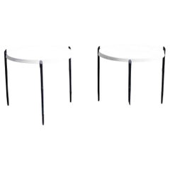 Vintage Aluminum Faux Bamboo Round Fiberglass Pool Patio Side Tables - a Pair