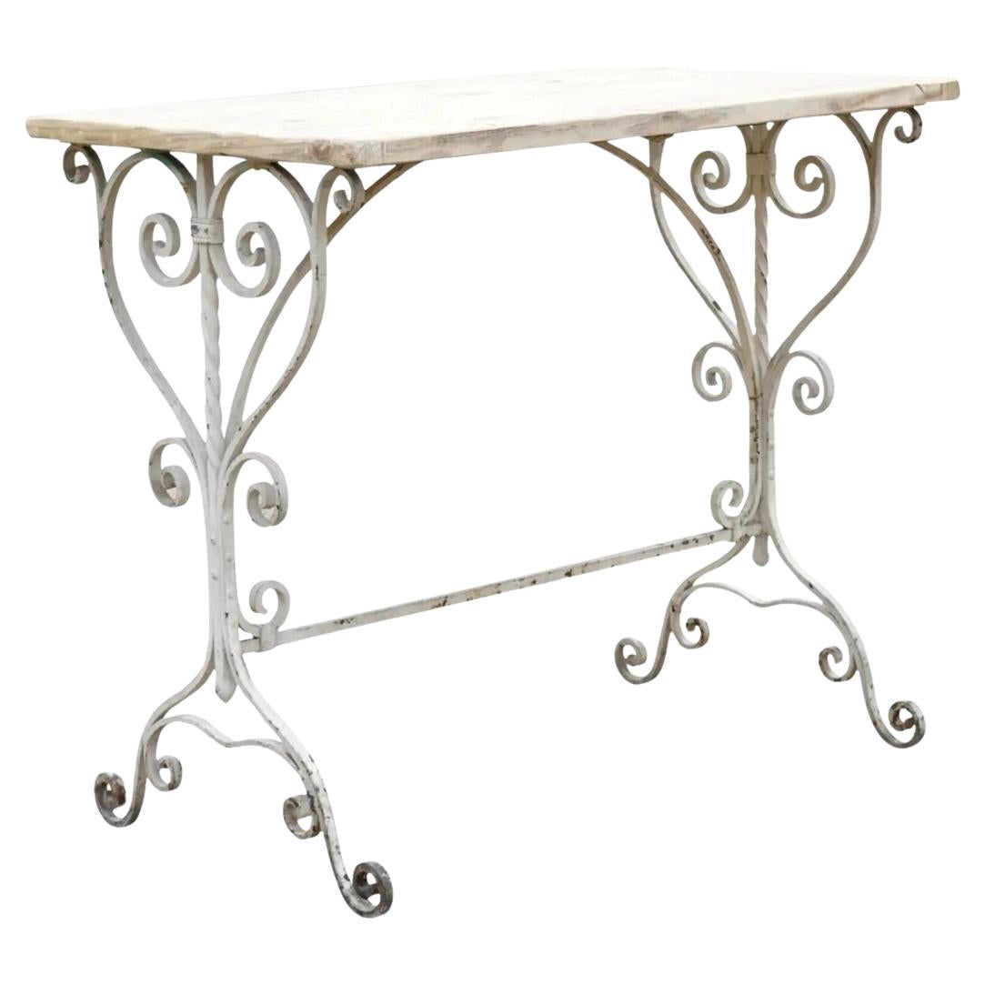Antique French Art Nouveau Wrought Iron Scroll Wood Top 42" Potting Work Table For Sale