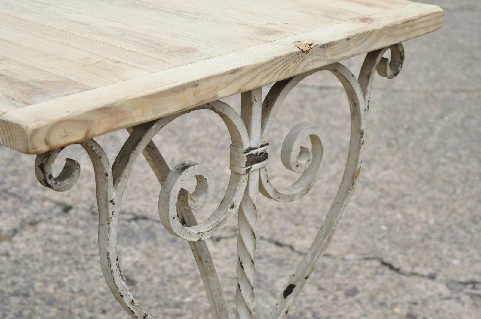 Antique French Art Nouveau Wrought Iron Scroll Wood Top 42