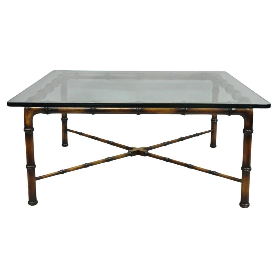Vintage Hollywood Regency Chinese Chippendale Faux Bamboo Square Coffee Table For Sale