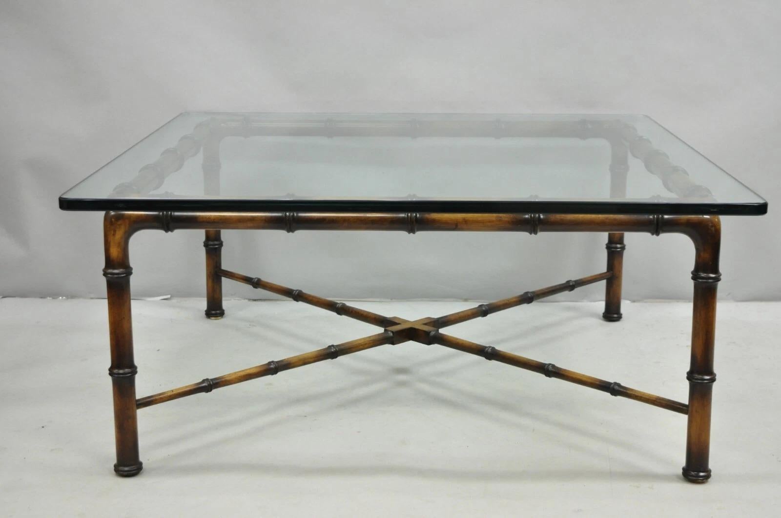 Vintage Hollywood Regency Chinese Chippendale Faux Bamboo Square Coffee Table For Sale 5